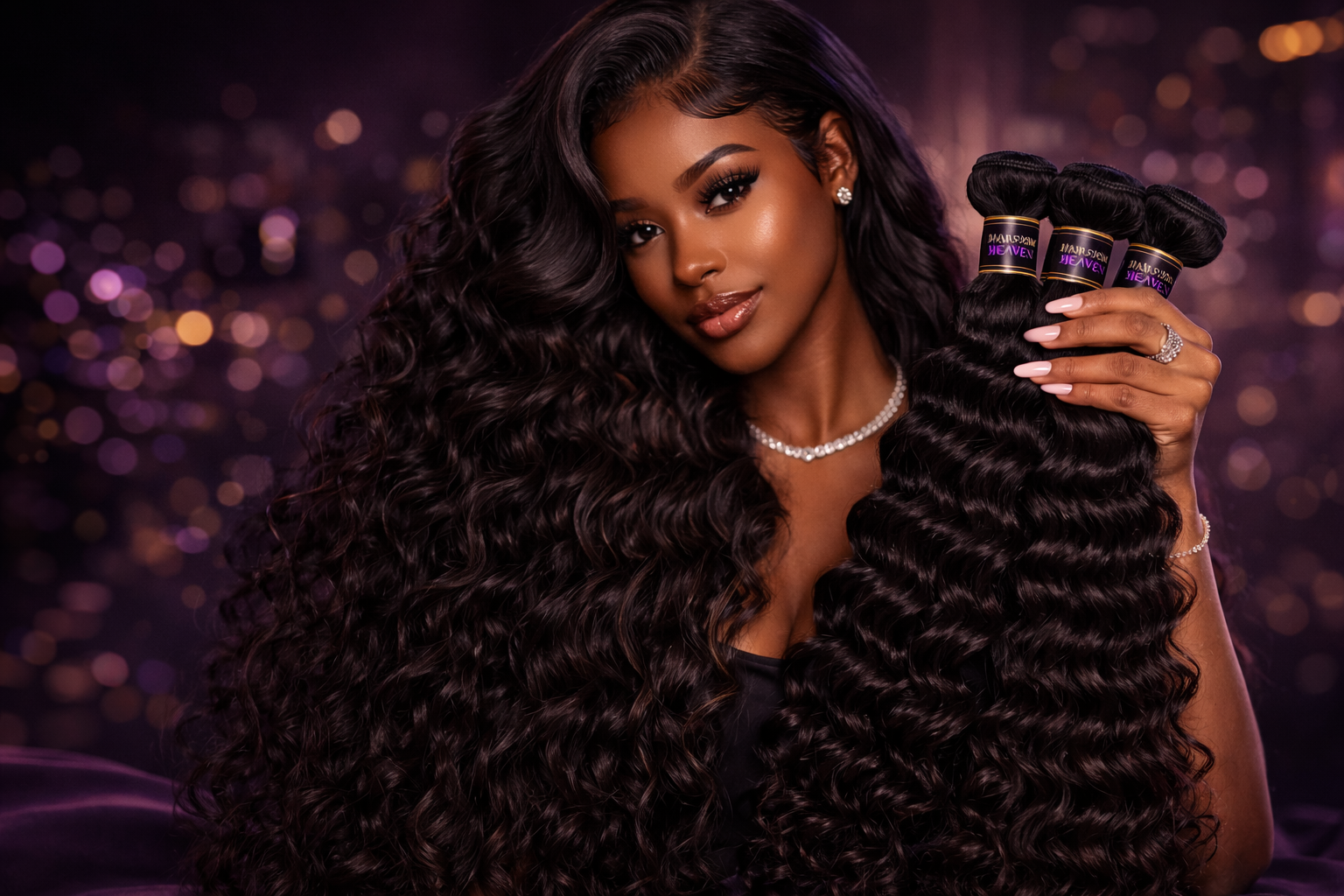 Woman with long, wavy black hair holding hair extensions, wearing diamond jewelry, with a purple and black bokeh background.
