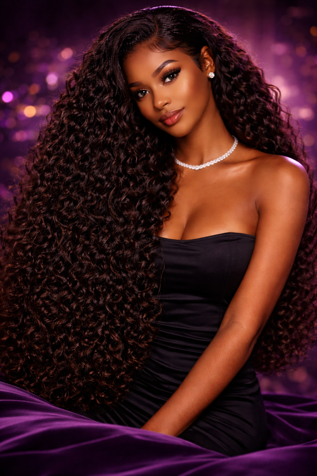 A woman with long, curly hair wearing a black strapless dress, a pearl necklace, and earrings, posing against a purple and pink blurred background.