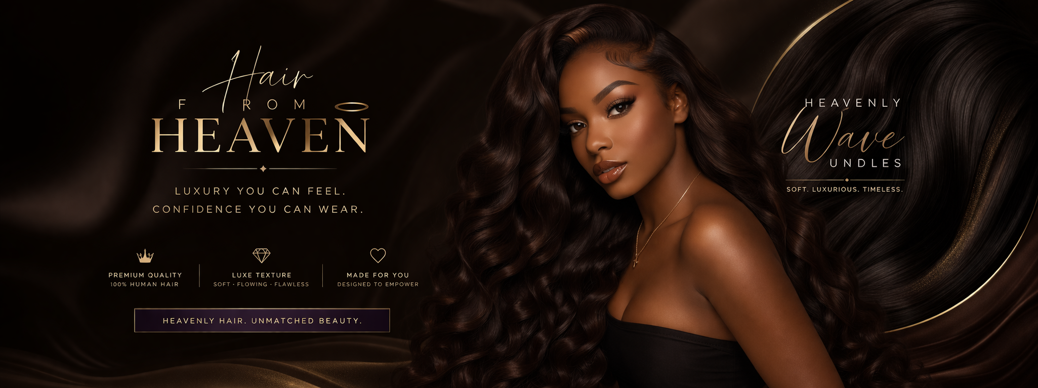 A woman with long, dark, wavy hair looking at the camera, with promotional text on a dark background advertising hair products.