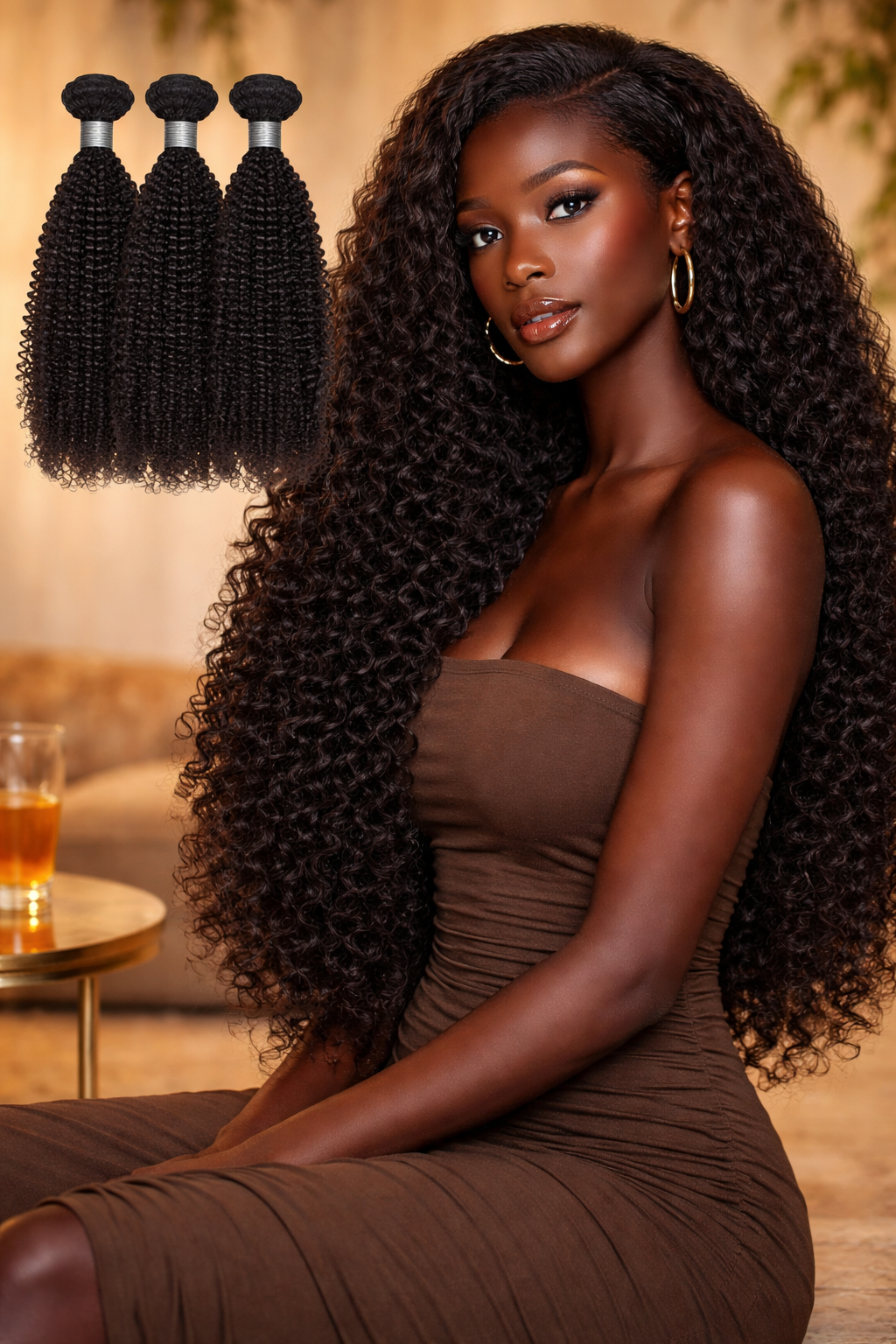 A woman with dark curly hair, hoop earrings, and brown dress relaxing indoors with three bundles of curly hair extensions displayed beside her.