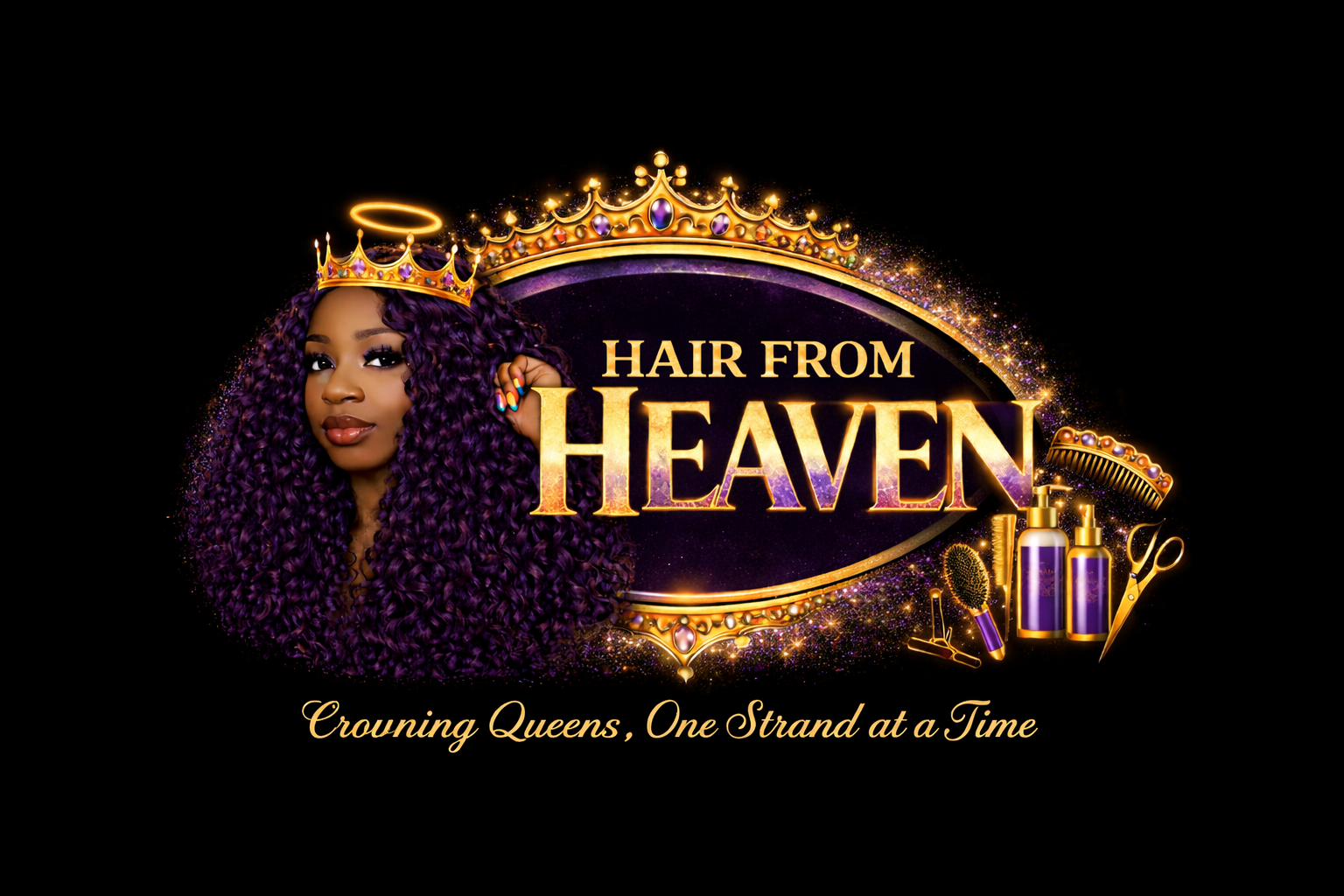 A promotional graphic for hair products featuring a woman with long, curly purple hair, wearing a crown and halo. The text reads "Hair from Heaven" with the tagline "Crowning Queens, One Strand at a Time." The image includes hair care items like bottles, a comb, scissors, a hairbrush, and a hair clip, set against a black background with sparkles and gold accents.