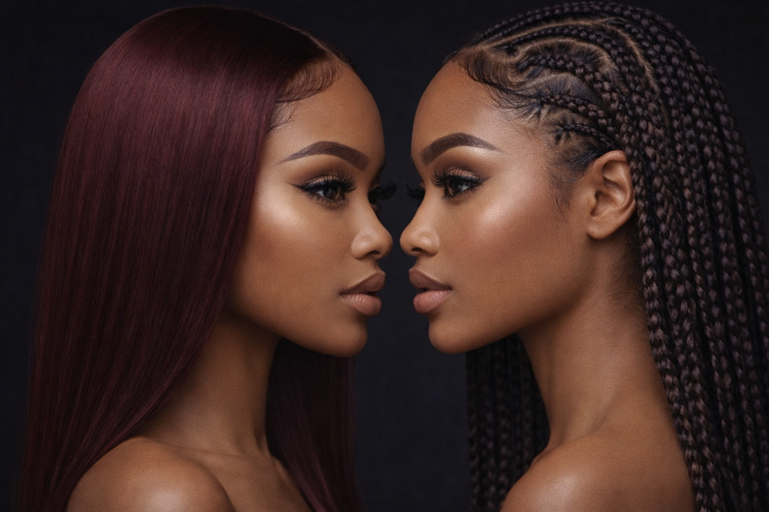 Two women face each other against a black background, showing their profiles with their faces inches apart, one with long, straight red hair and the other with long, braided hair.