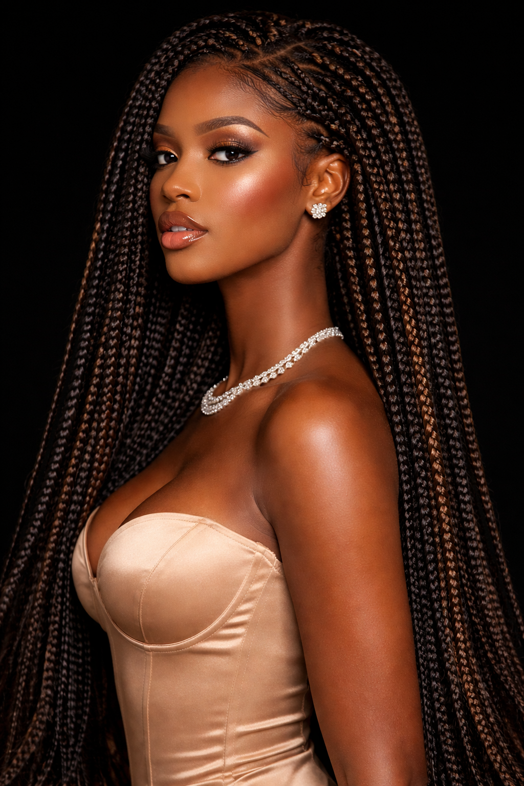Portrait of an elegant woman with braided hair wearing a strapless beige dress, diamond jewelry, and makeup, against a black background.