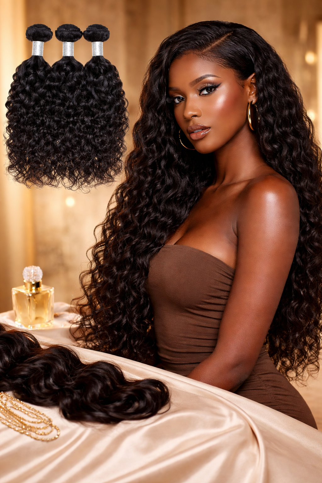 A woman with long, curly black hair, brown eyes, gold hoop earrings, and makeup, sitting at a table with hair extensions and hair jewelry, with a background of warm-toned decor and a small perfume bottle.