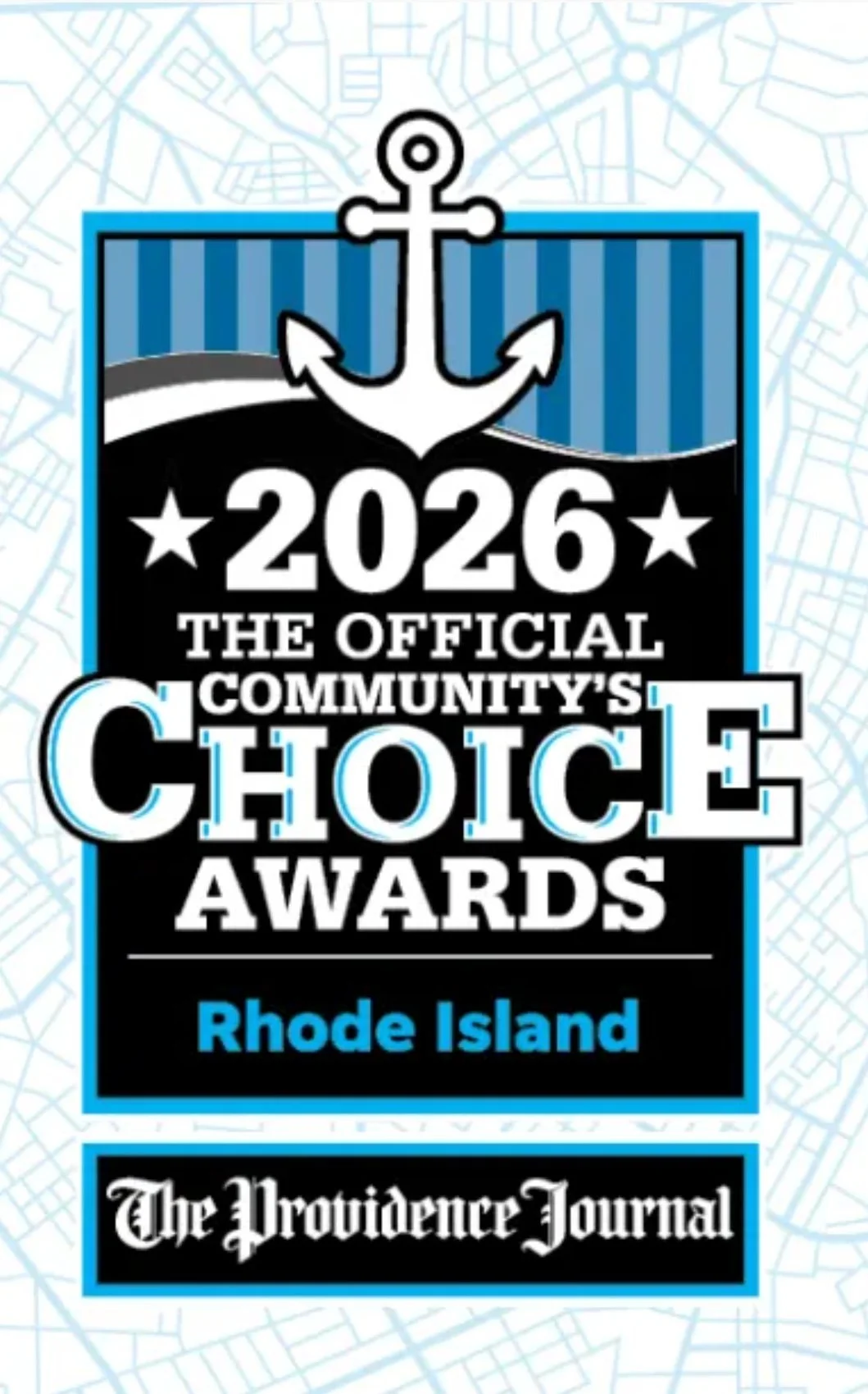 A graphic design announcing the 2026 Community's Choice Awards for Rhode Island, featuring an anchor, a map background, and the logo of The Providence Journal.
