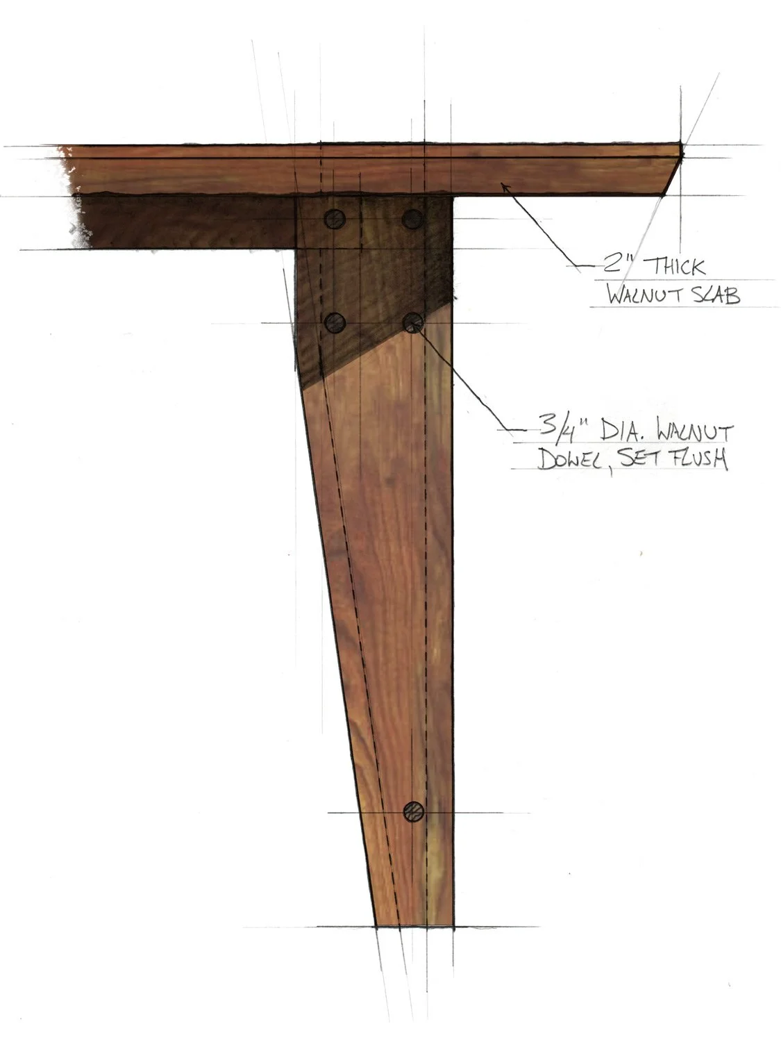 Hand drawing of a wooden table leg detail.