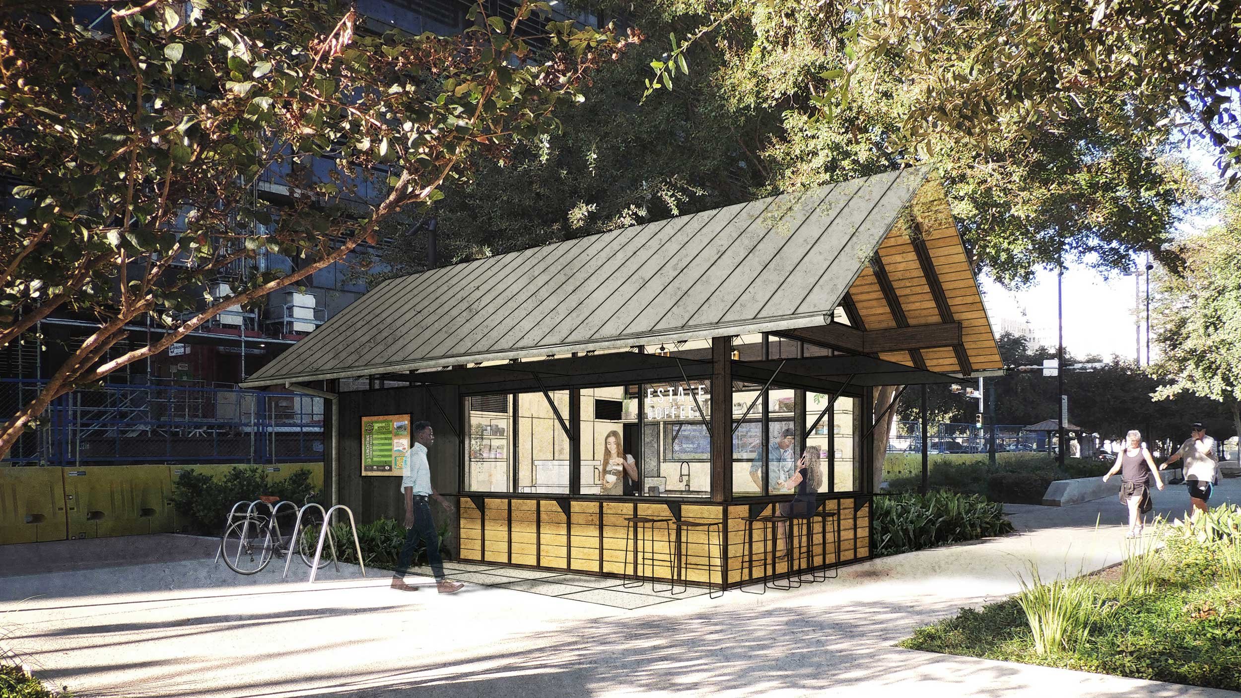 Rendering of a modern coffee kiosk with a wooden exterior and a sloped metal roof, situated in a park with trees.