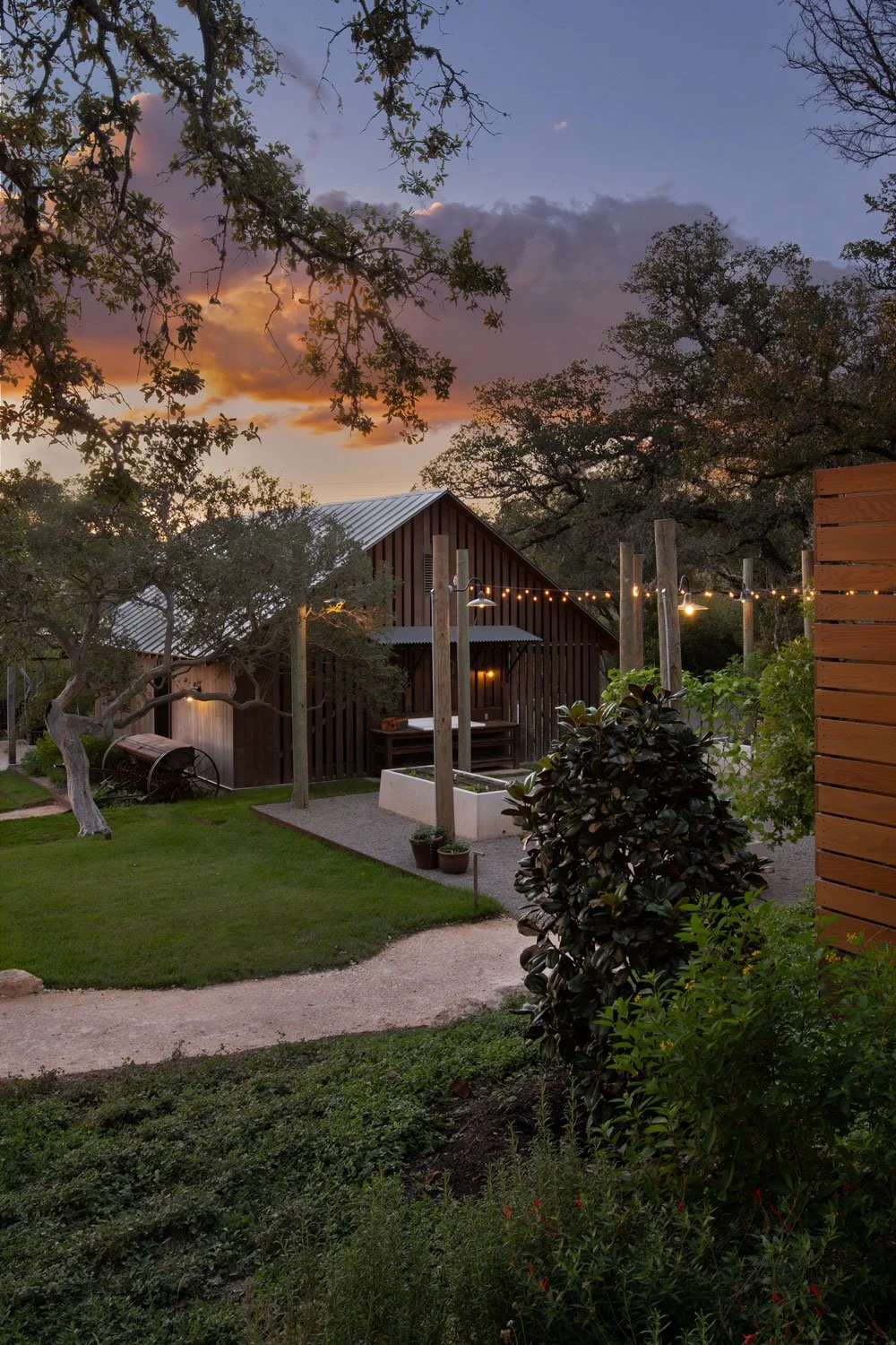 A rustic backyard with a gravel pathway, green lawn, and various plants and trees, featuring a wooden cottage at sunset.