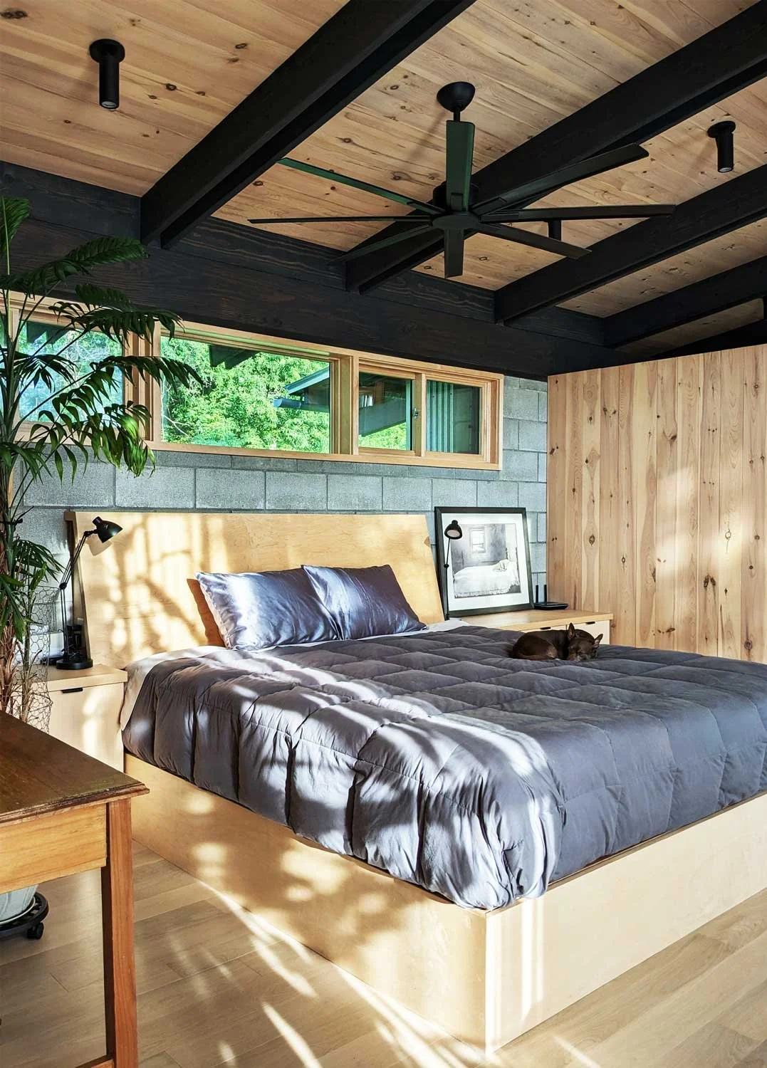 A modern bedroom with a built-in bed with headboard and cabinetry, and a large clerestory window above.