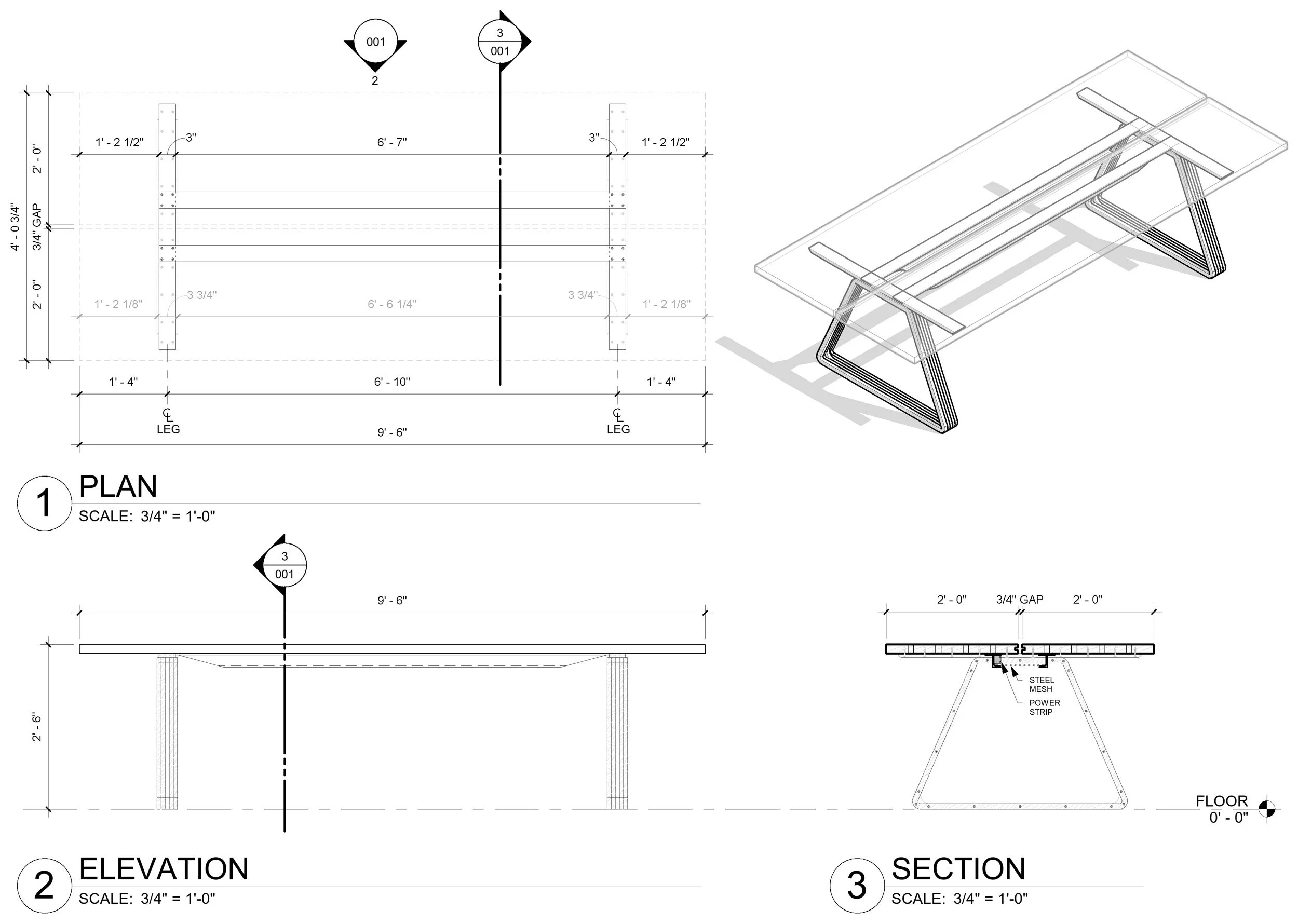 Digital drawing and 3D model of a conference table including plan, elevation, and section views.