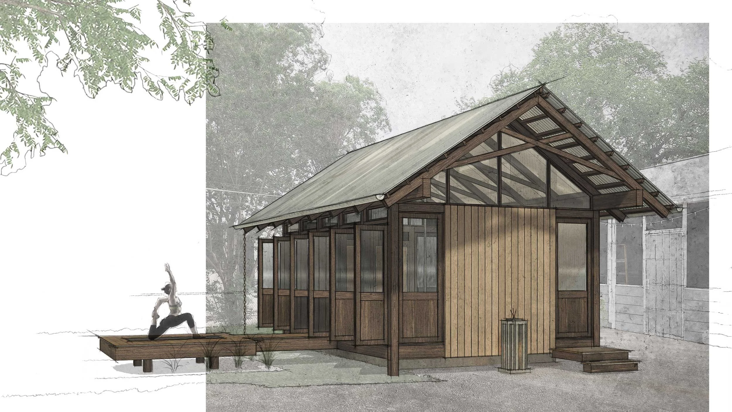 Rendering of a modern wooden yoga shala with large windows and a metal roof, surrounded by trees.