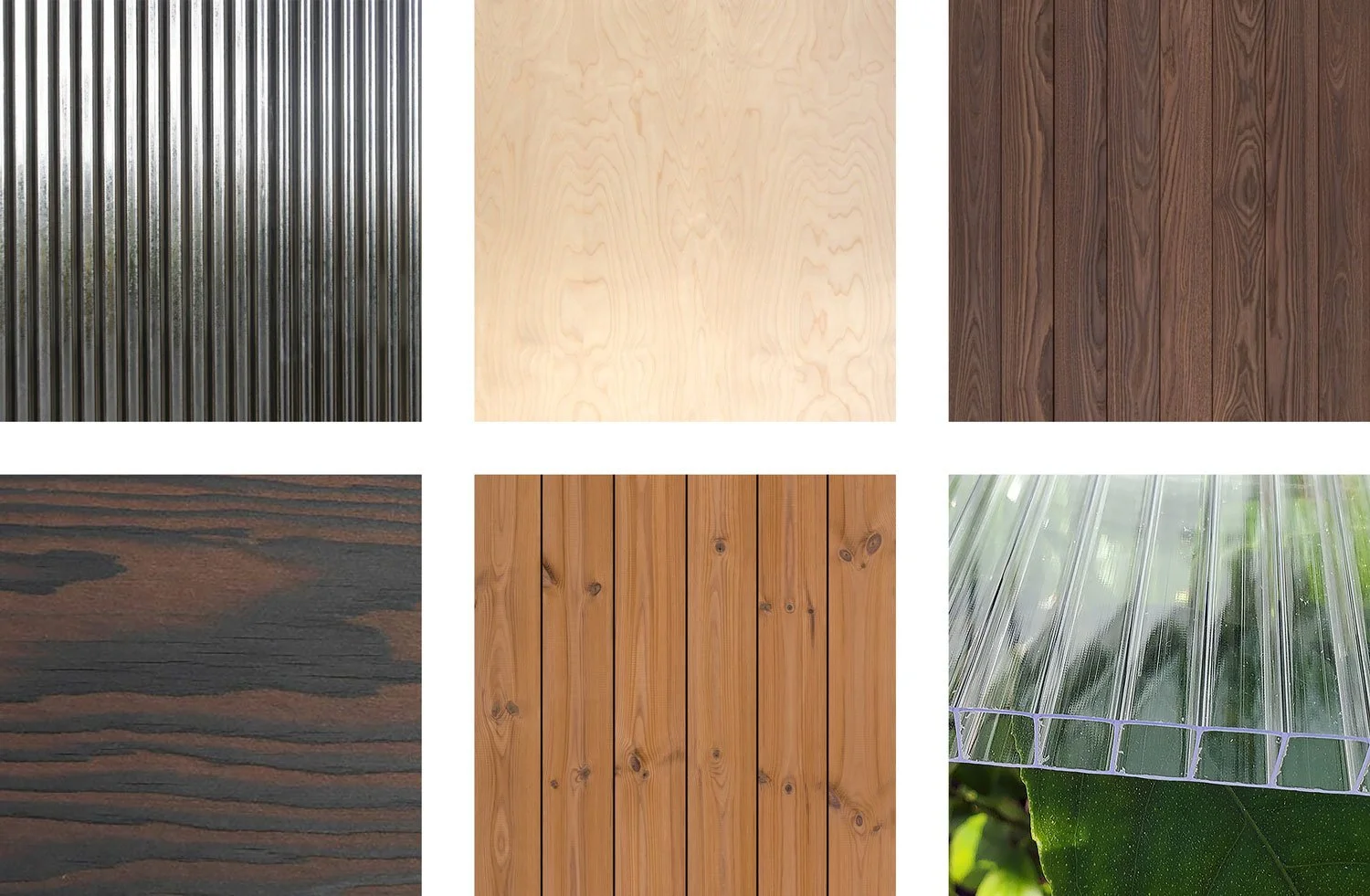 Collage of six images of building materials.
