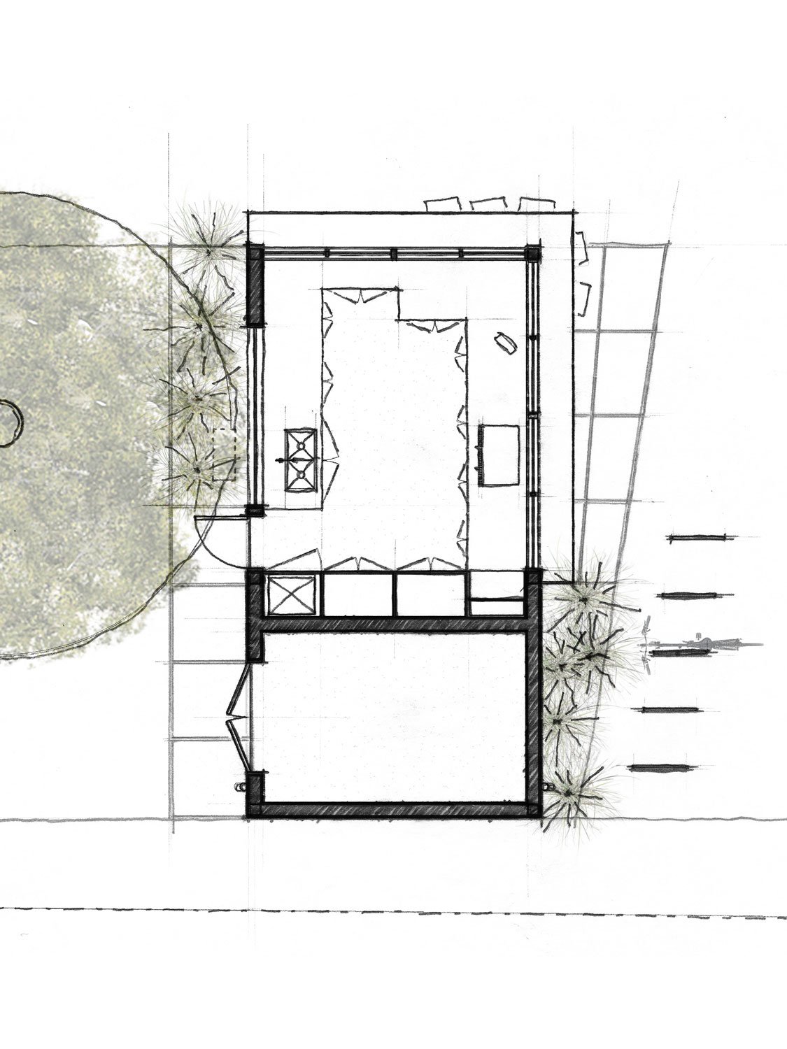 Hand sketched floor plan of a coffee bar in a park.