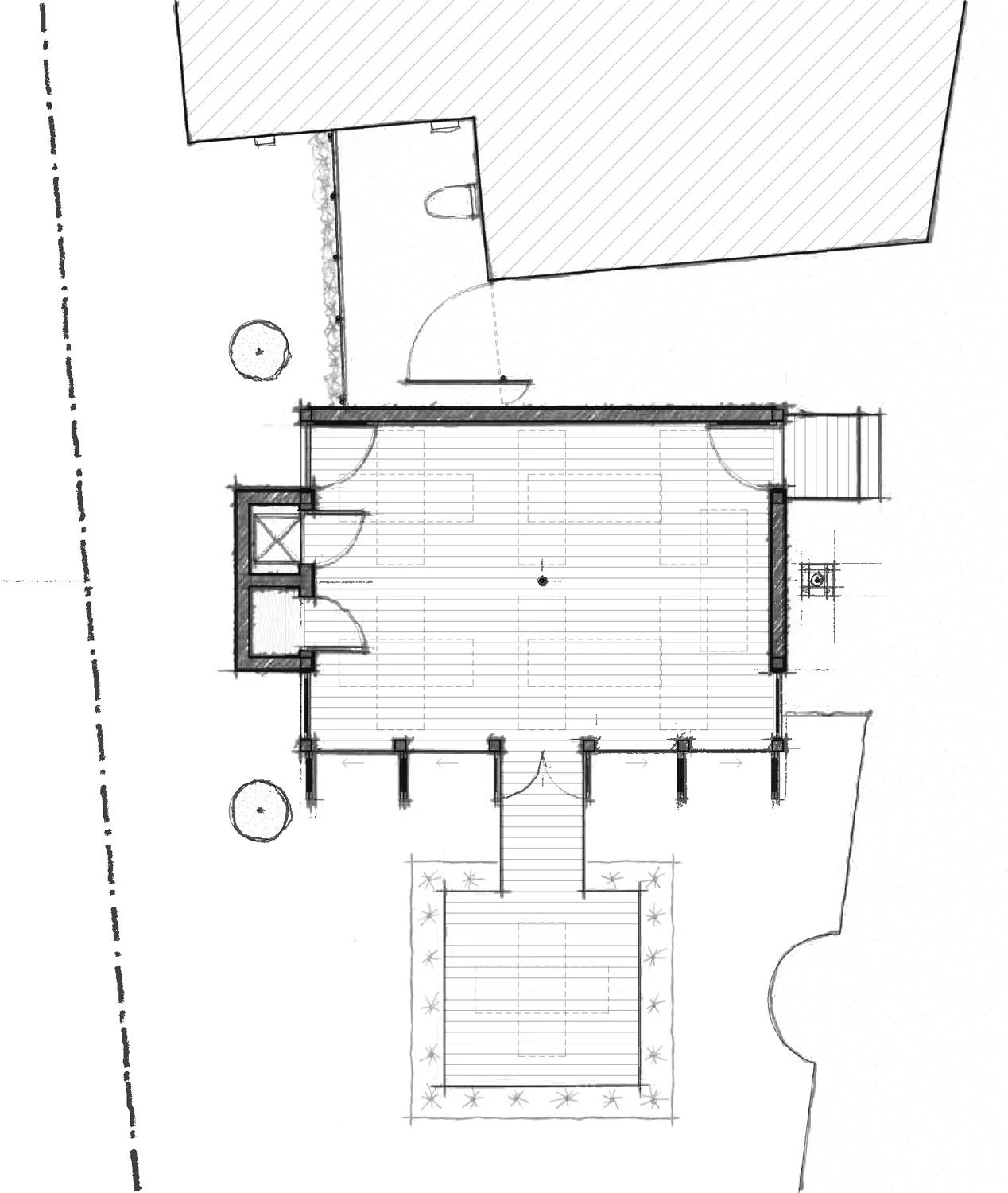 Hand sketched floor plan showing a yoga shala layout with an island deck.