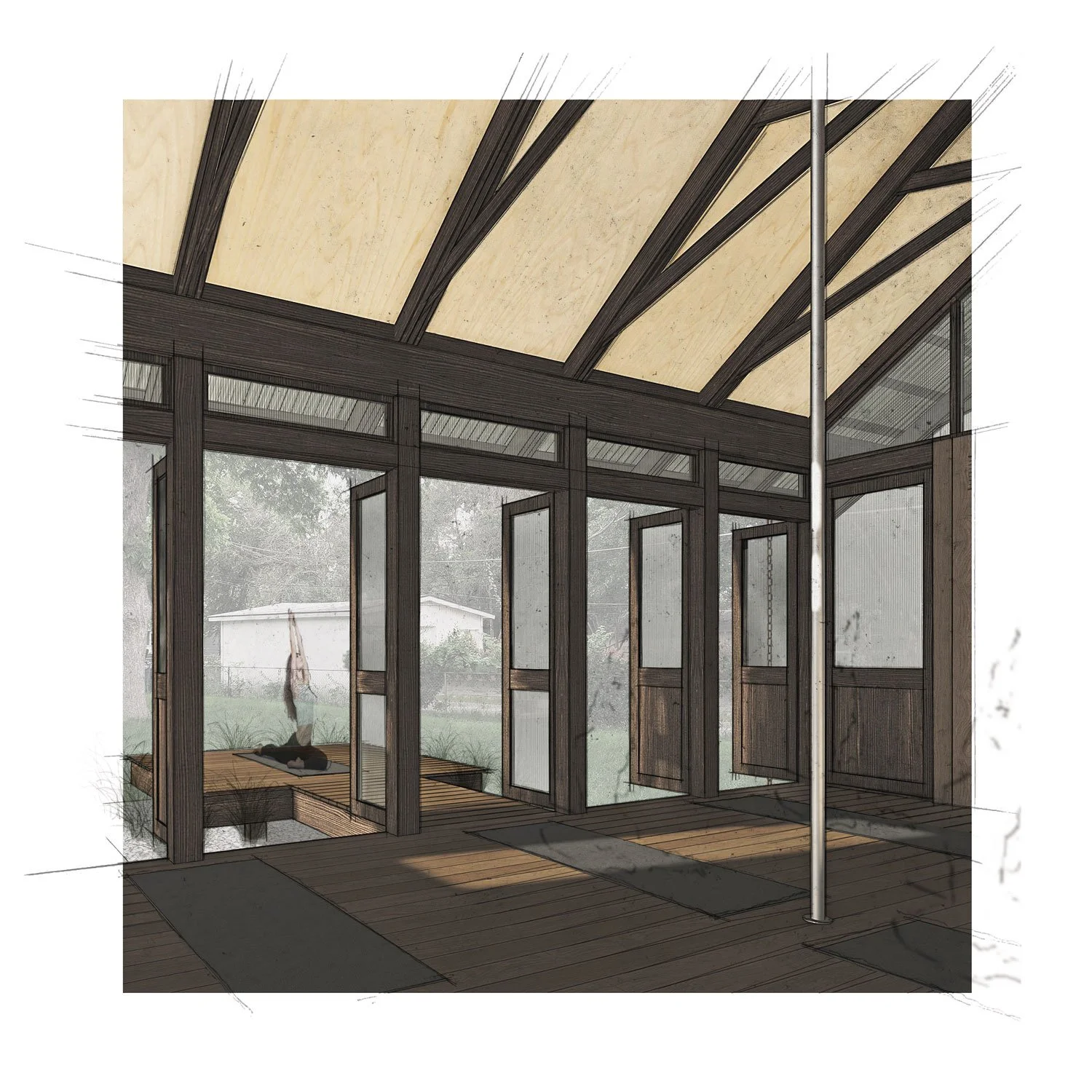 Interior rendering of a modern yoga studio with large windows, wood roof trusses, and a dancing pole in the center.
