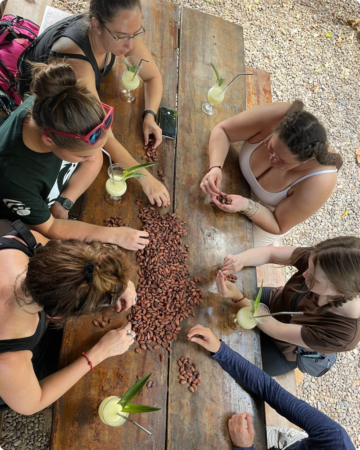 Six women sitting around a wooden table outdoors, sorting cocoa beans and drinking a light-colored beverage garnished with a pineapple leaf.