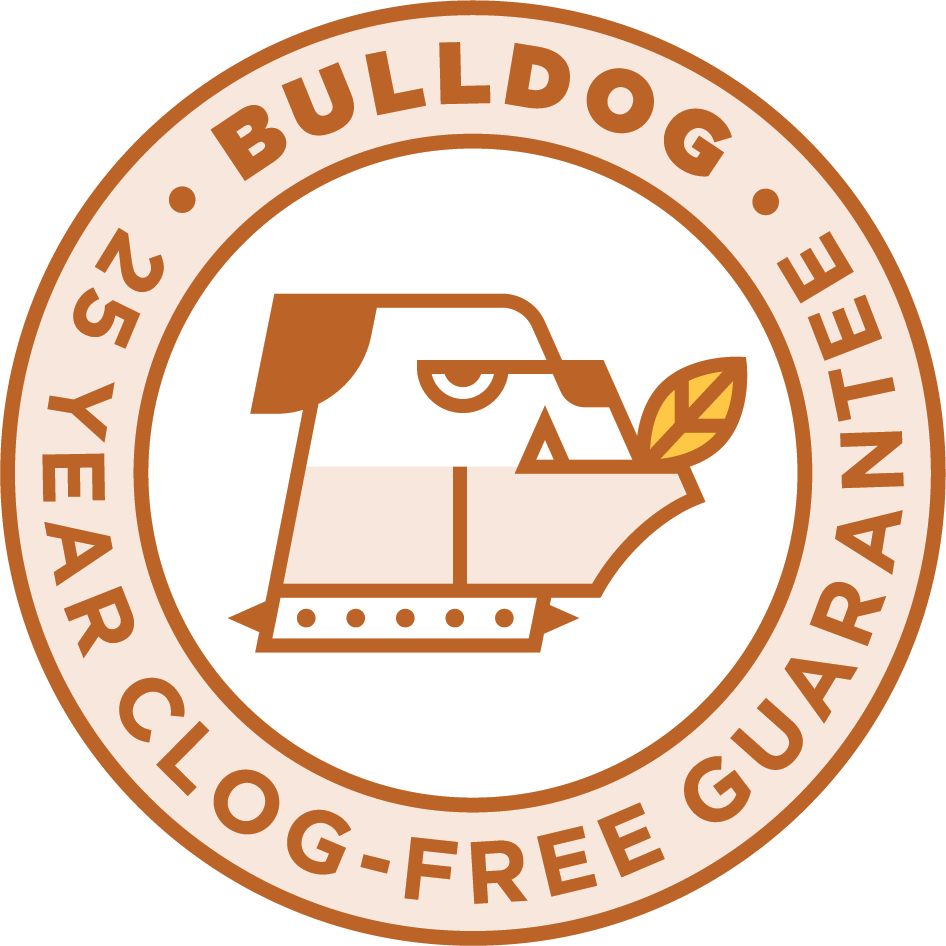 A circular logo with the text "25 Year Cloog-Free Guard" around the border. The center features a stylized depiction of a dog’s profile with a leaf in its mouth, drawn in brown and cream colors.