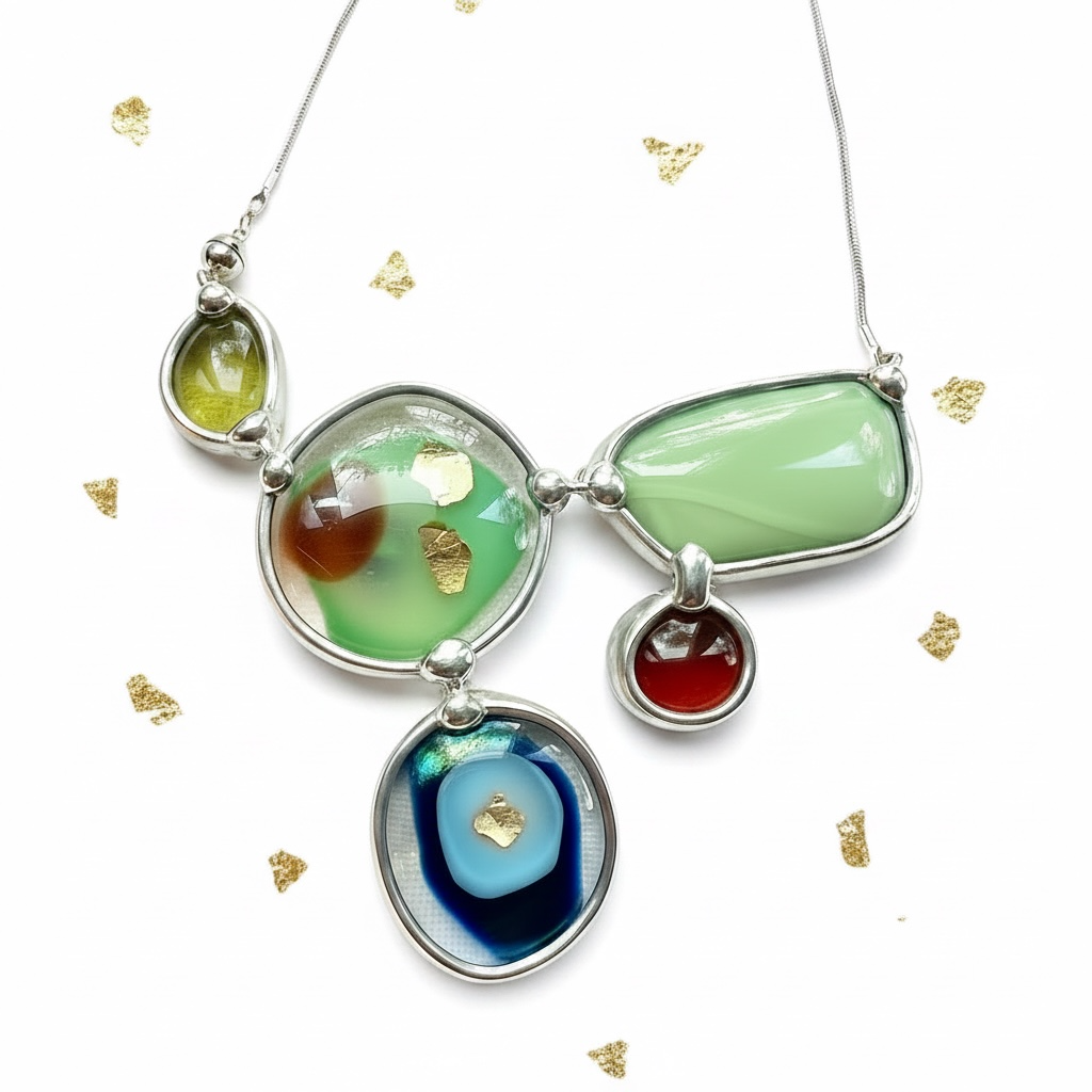 Assymetric Gold Flake and Fused Glass Necklace