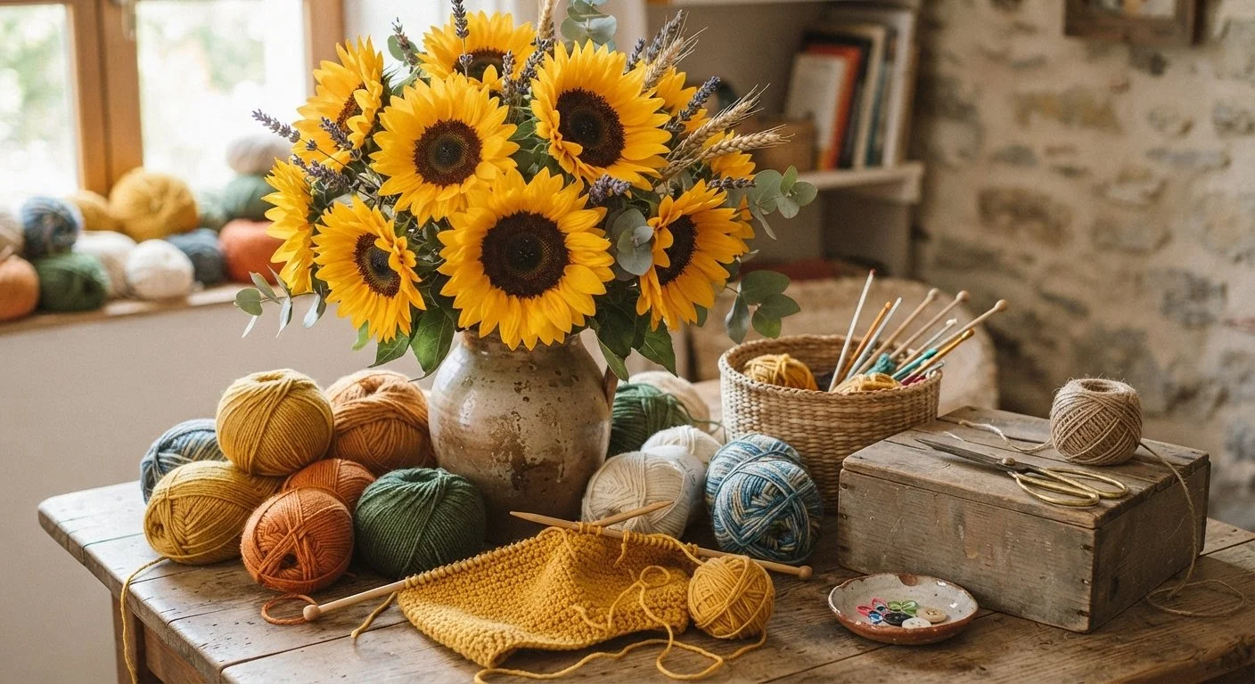 Sunflower bouquet in a rustic vase, surrounded by balls of colorful yarn, knitting needles, and knitting projects on a wooden table in a cozy room.
