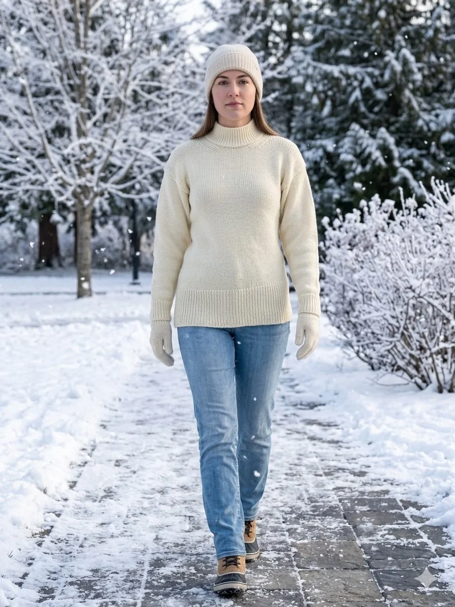 A woman walking on a snowy pathway wearing a cream knit sweater, beige beanie, jeans, and hiking boots.