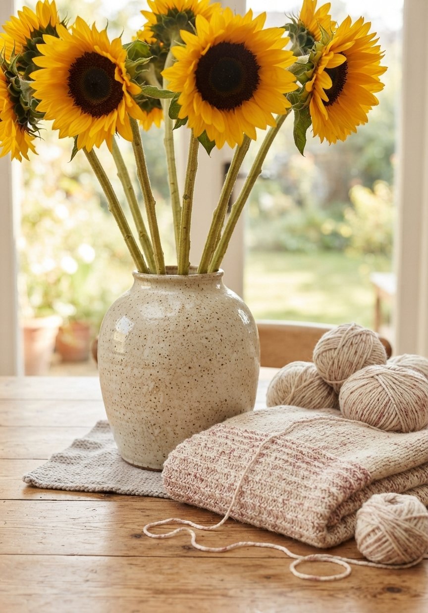 Sunflowers in a rustic white ceramic vase on a wooden table with balls of yarn and a folded knit blanket.