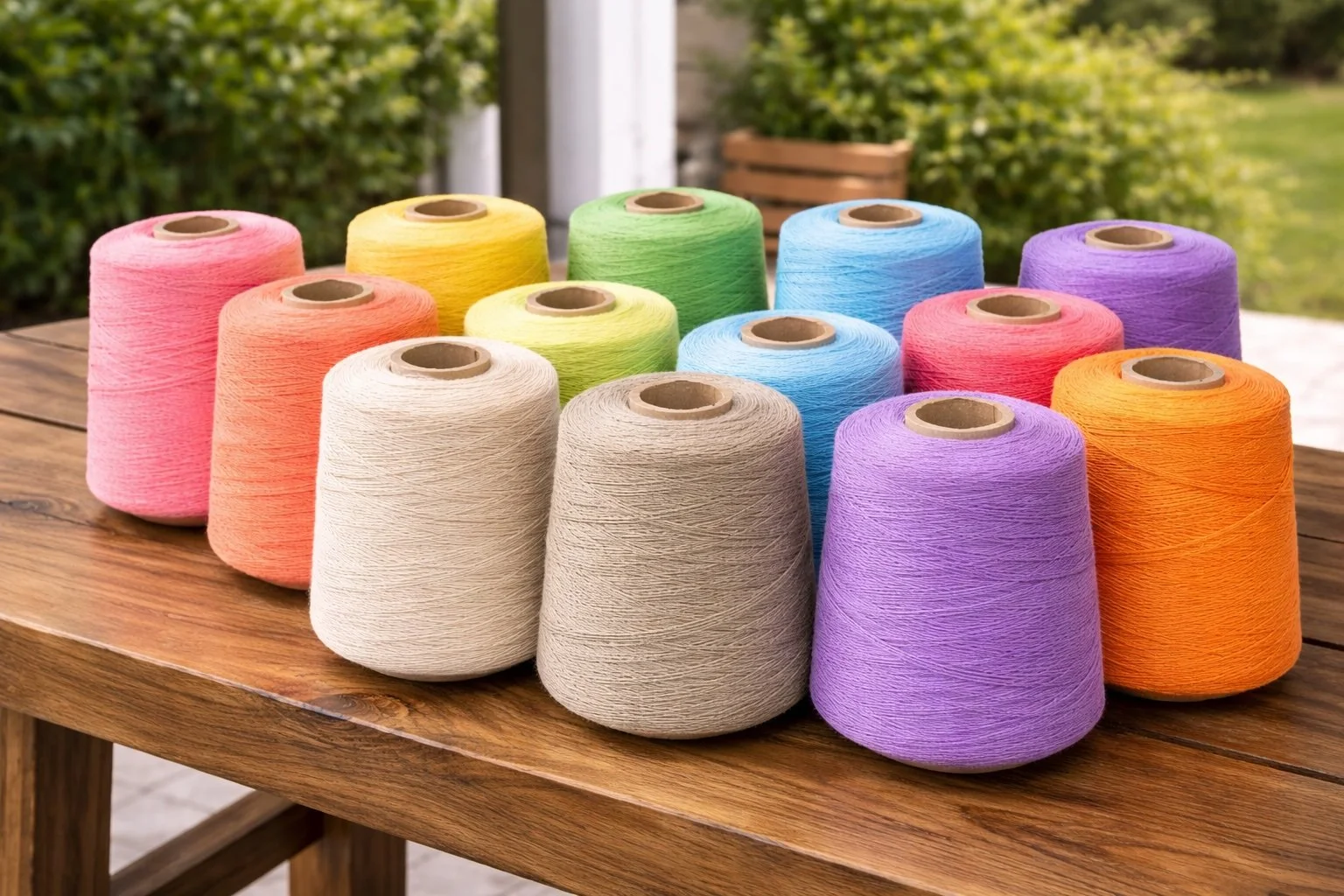 Colorful spools of thread arranged on a wooden table outdoors