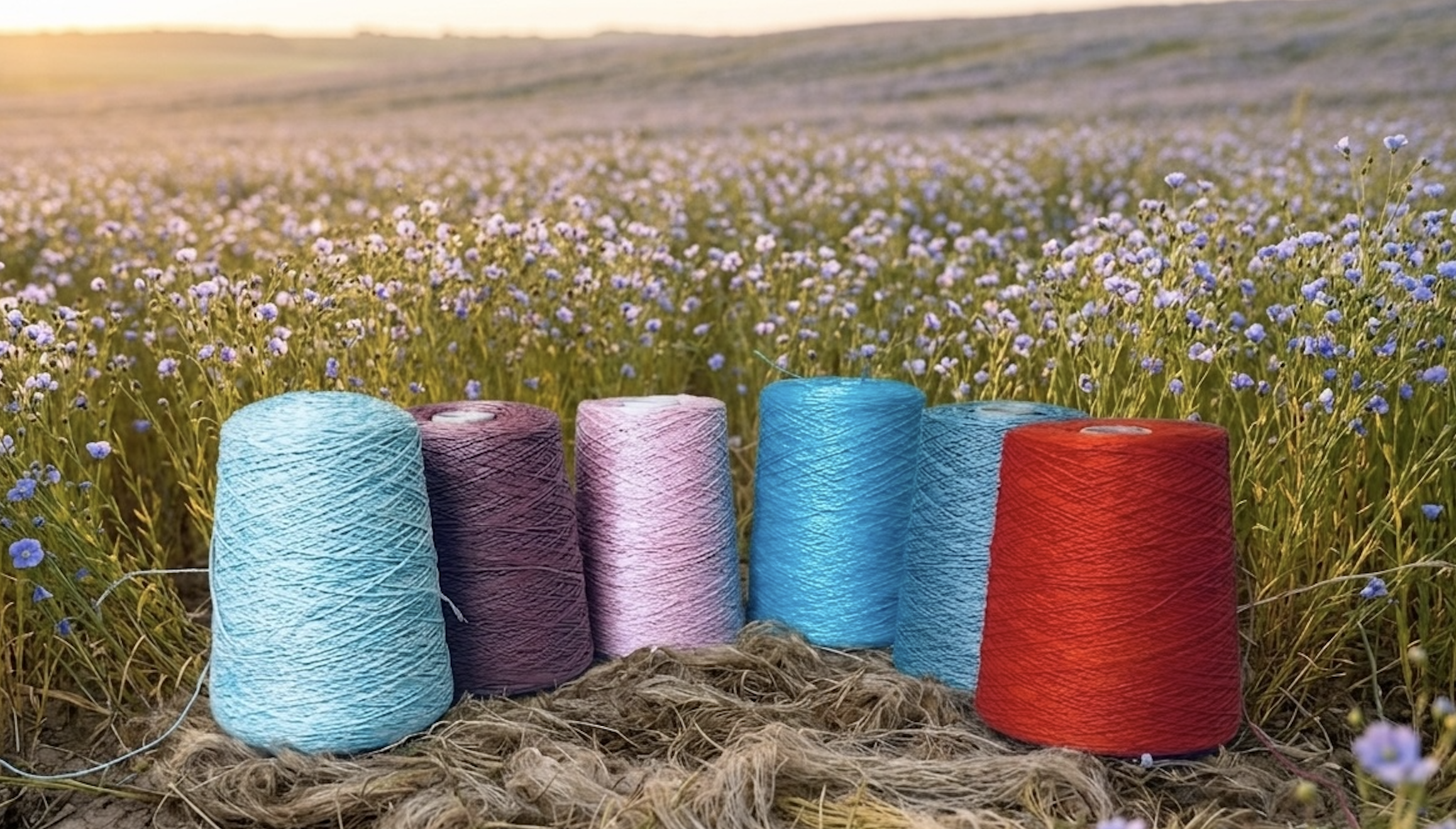 Colorful linen yarn on cones arranged in a row in a field of flax with a sunset in the background.