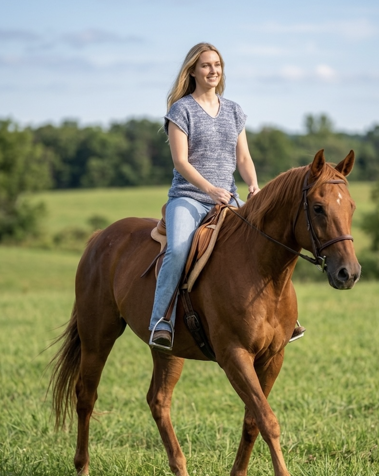 A woman with blonde hair riding a brown horse in a green field under a partly cloudy sky.