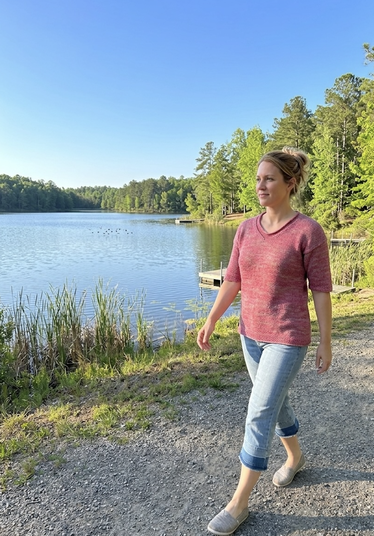Woman in a pink sweater and jeans walking along a gravel path by a lake with green trees and a clear blue sky.