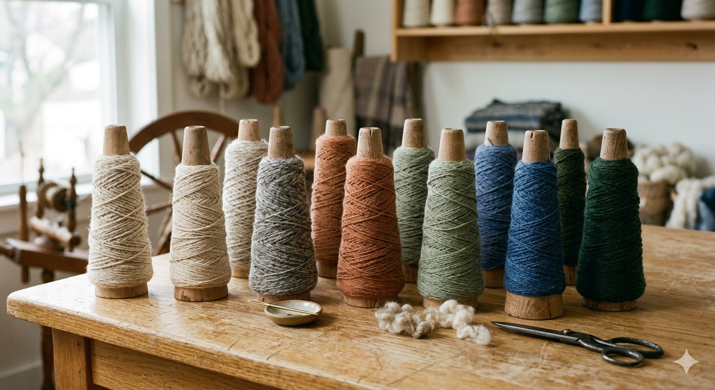 Multiple spools of colored thread arranged on a wooden table in a craft room, with some cotton fibers, scissors, and a small dish nearby.
