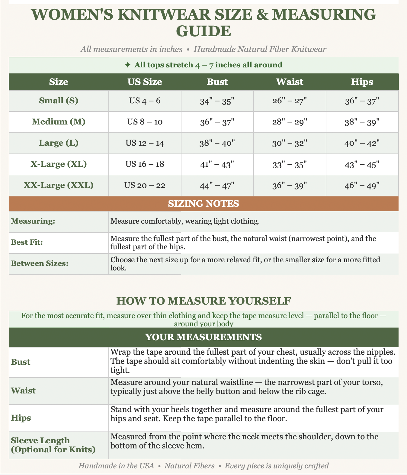 Women's knitwear size and measuring guide chart with sizing options from small to XXL, including bust, waist, hips, and sleeve length measurements, along with instructions for taking accurate body measurements.