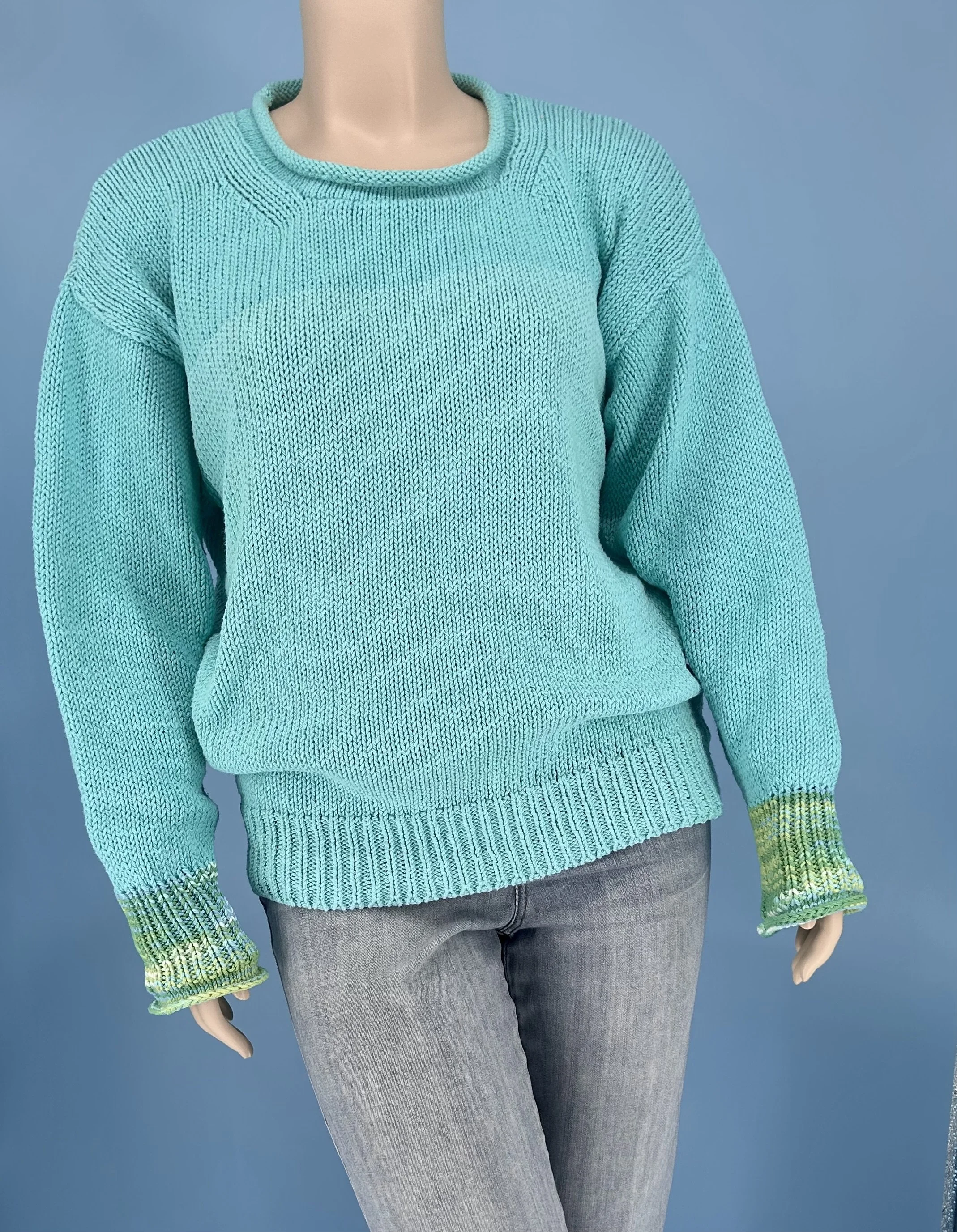 Two-Tone Aqua Chunky Cotton Sweater