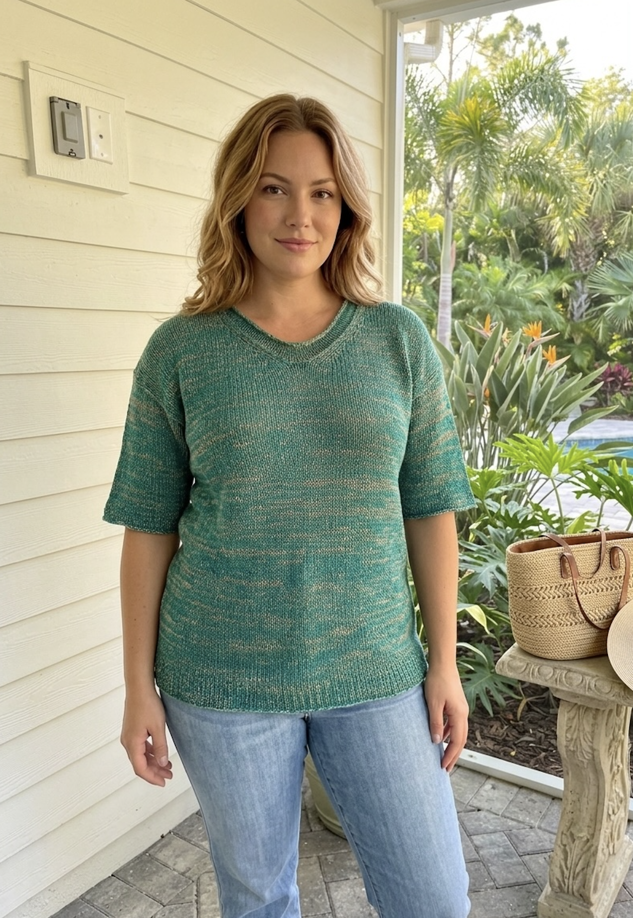 A woman standing on a porch near lush green tropical plants, wearing a green knit top and light blue jeans, with a woven bag resting on a stone table beside her.
