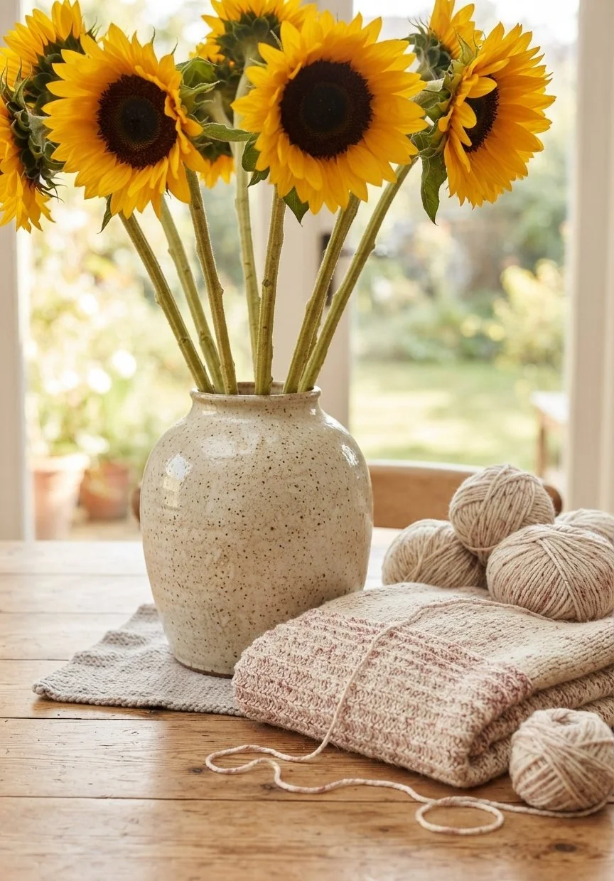 A bouquet of sunflowers in a beige speckled ceramic vase on a wooden table with yarn balls and knitting supplies. Bright natural light in the background.