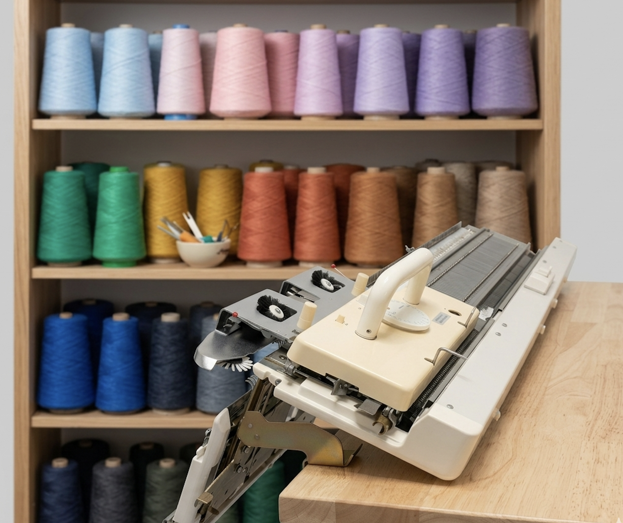 A wooden shelf holding colorful spools of thread arranged by color, with shades of blue, pink, purple, green, yellow, orange, and beige. In the foreground, there is a sewing machine with various accessories on top, including bobbins and rulers.