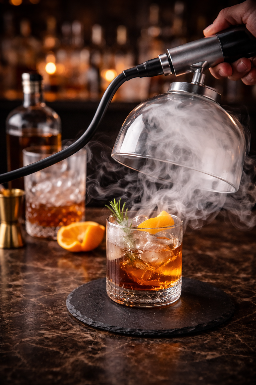 A bartender is using a glass cloche to create dry ice smoke over a cocktail garnished with an orange slice and a sprig of rosemary. The drink is in a clear glass on a round black slate coaster on a dark bar counter.