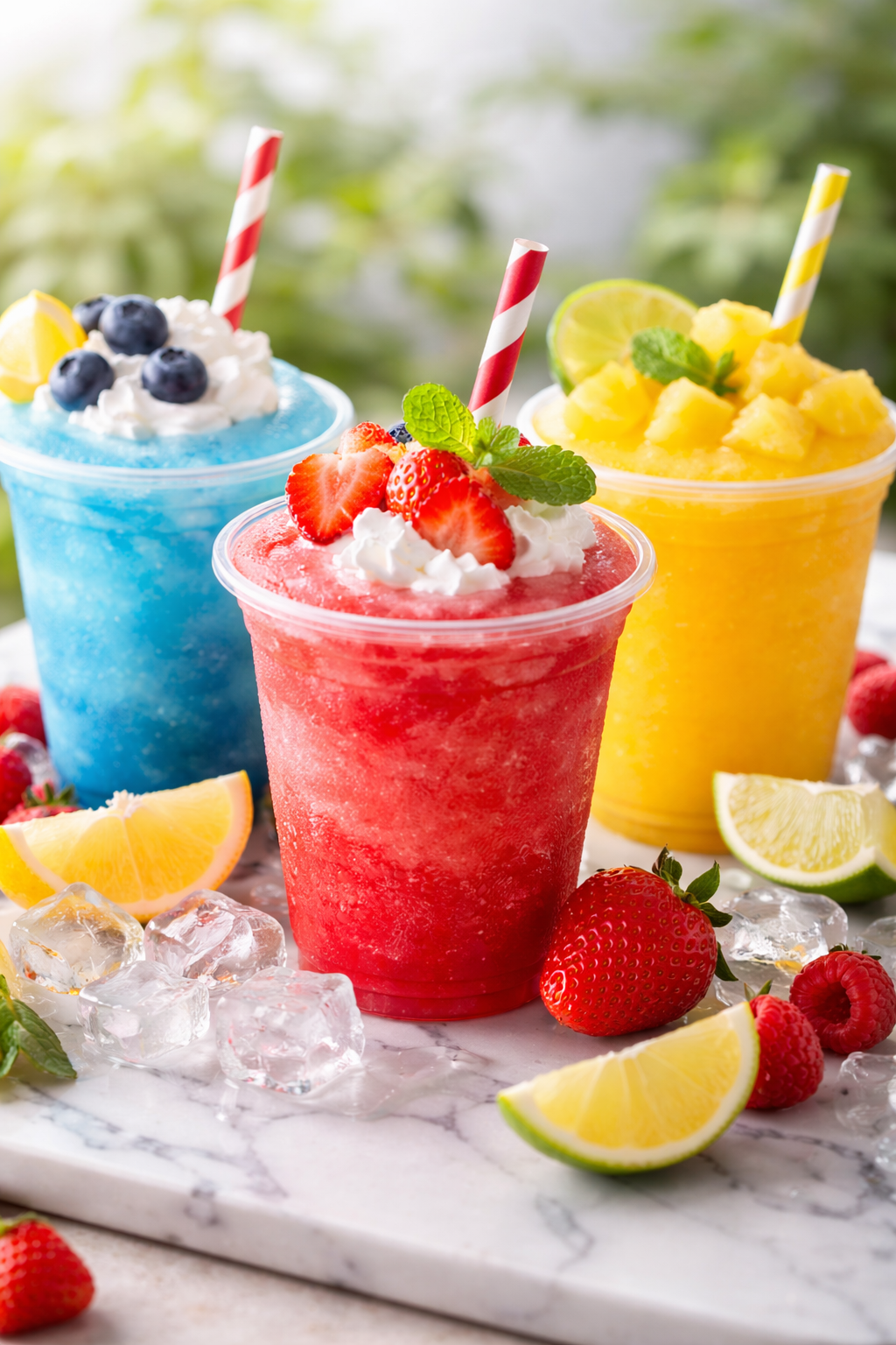 Three colorful frozen fruit drinks with whipped cream, berries, and citrus garnishes, surrounded by ice cubes and fresh fruits on a marble surface.