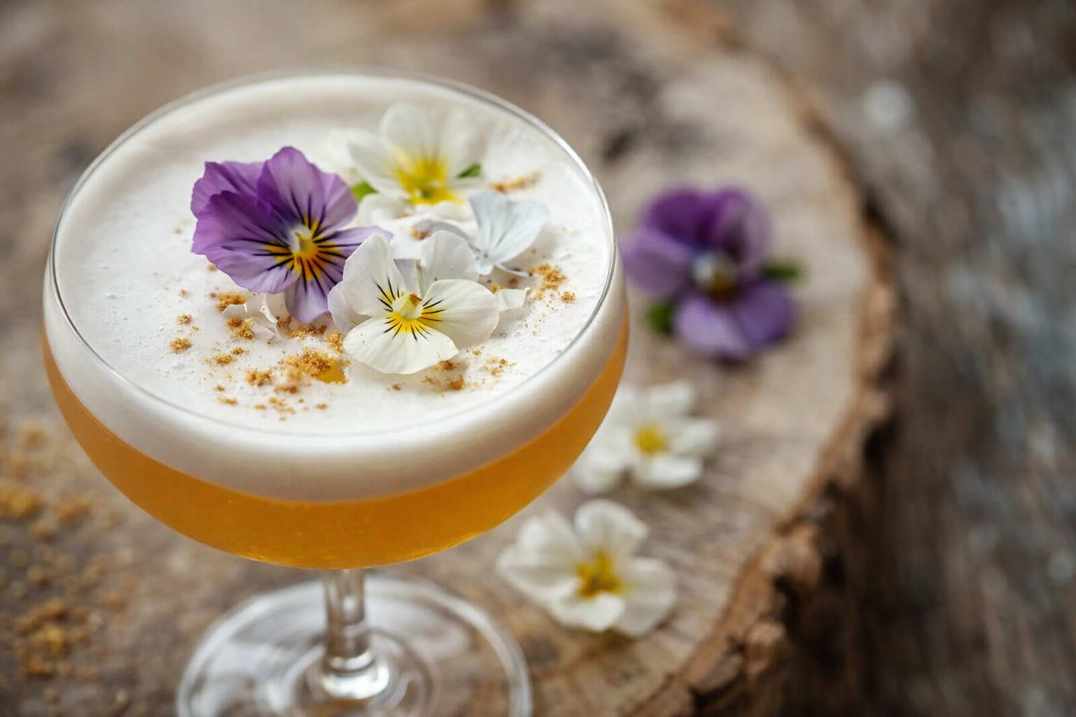 Close-up of a cocktail garnished with edible flowers on top, in a coupe glass, on a rustic wooden surface.