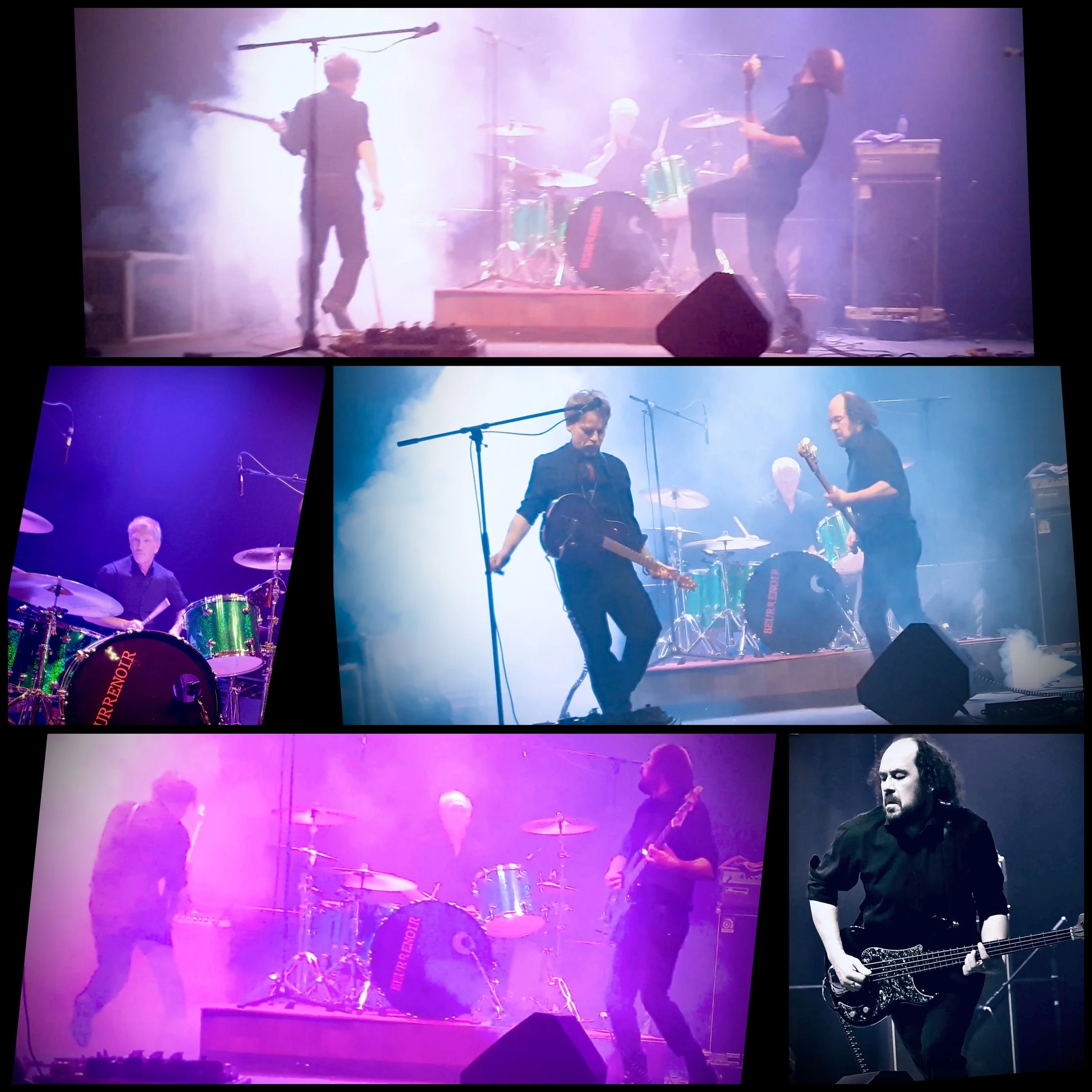Collage of five photos of a band performing on stage with drums, guitars, and microphones, with colorful lighting and smoke effects.