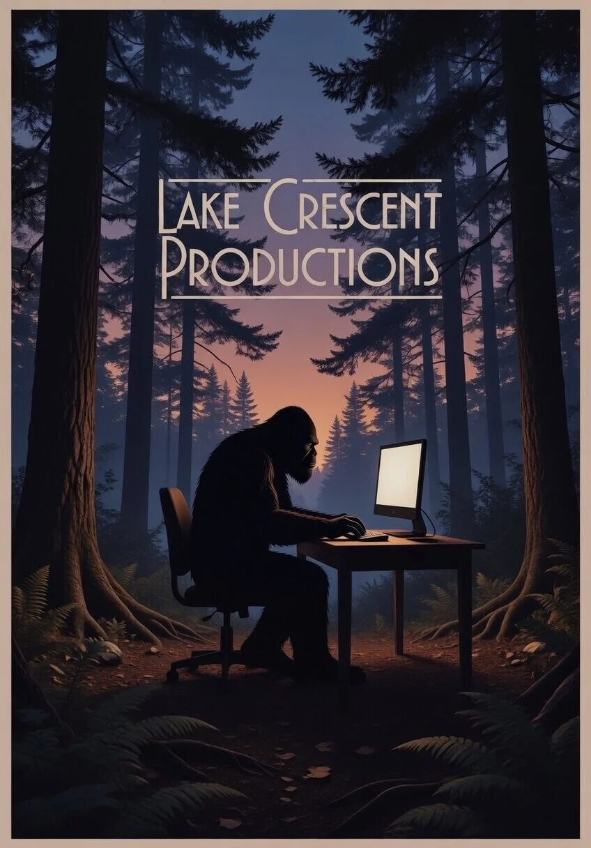Silhouette of a person with long hair and beard, sitting at a desk with a computer, in a forest during twilight with tall trees and a colorful sky, and the text "Lake Crescent Productions" above.