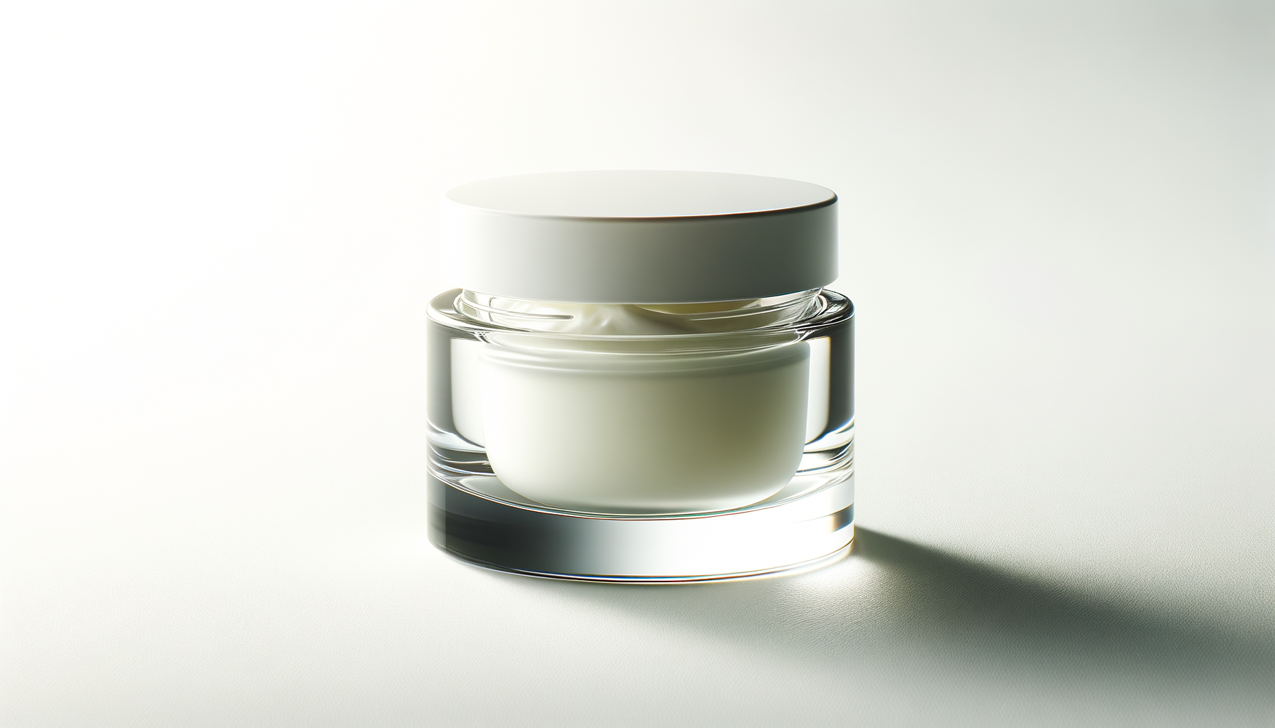 A clear glass jar with a white lid, containing a white cream or moisturizer, placed on a light surface with a soft gradient background.
