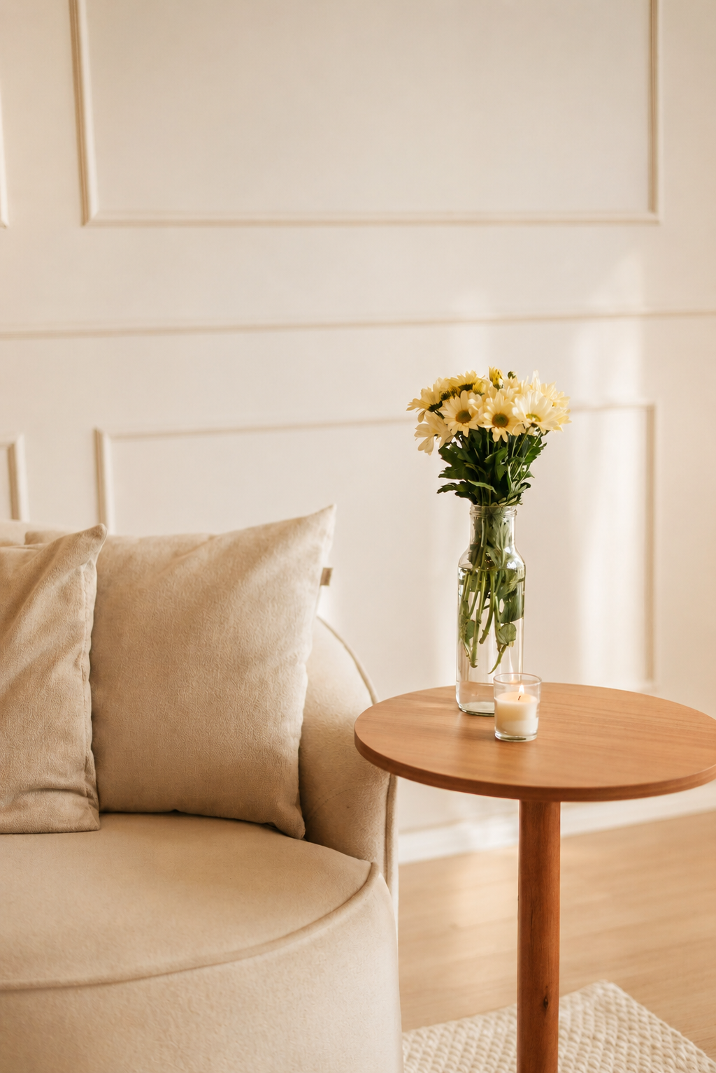 A cozy living room corner with a beige sofa, two beige pillows, a round wooden side table, a vase with white flowers, and a lit candle.