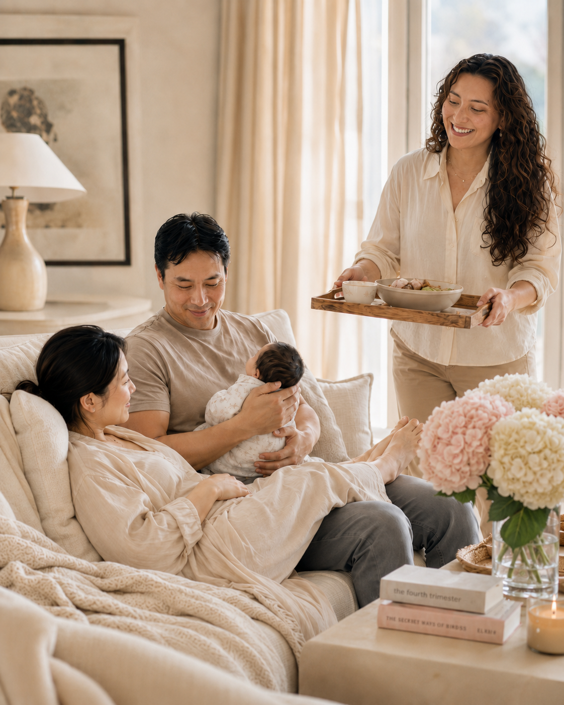 Family gathering in a cozy living room, with a woman serving food to a seated family of three including a man holding a baby, a woman, and the baby, while a woman with curly hair and a beige shirt stands smiling nearby.