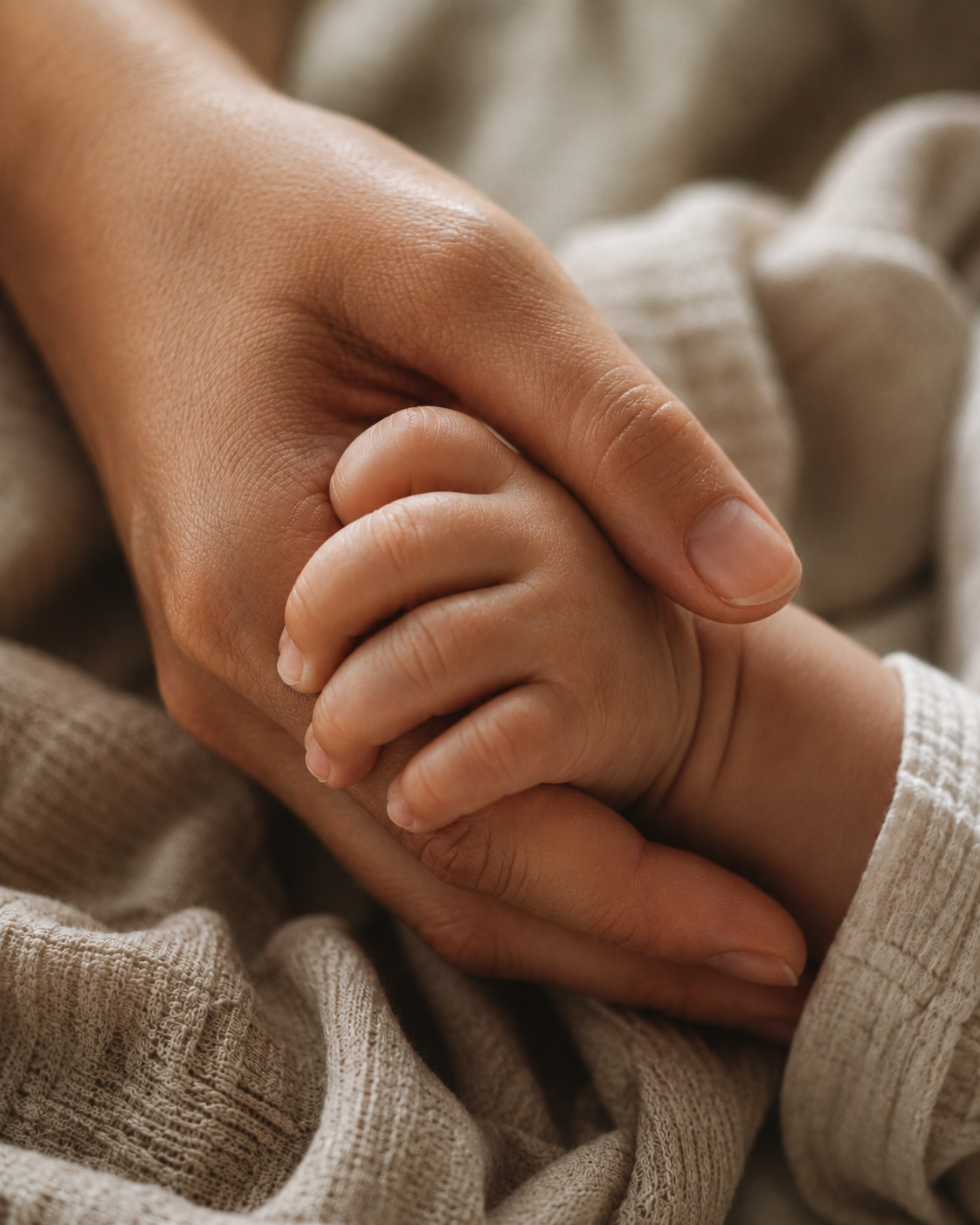 An adult's hand holding a child's hand, both resting on a soft, beige blanket.