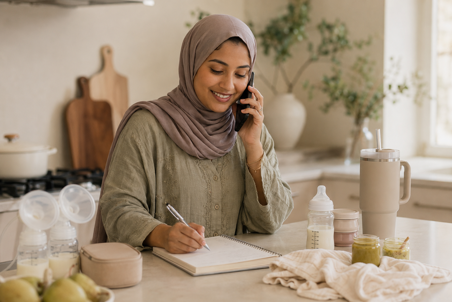 A woman wearing a beige hijab and light green shirt, smiling while talking on her phone, sitting at a kitchen counter with a notebook, baby bottles, jars of baby food, and breast pump accessories.