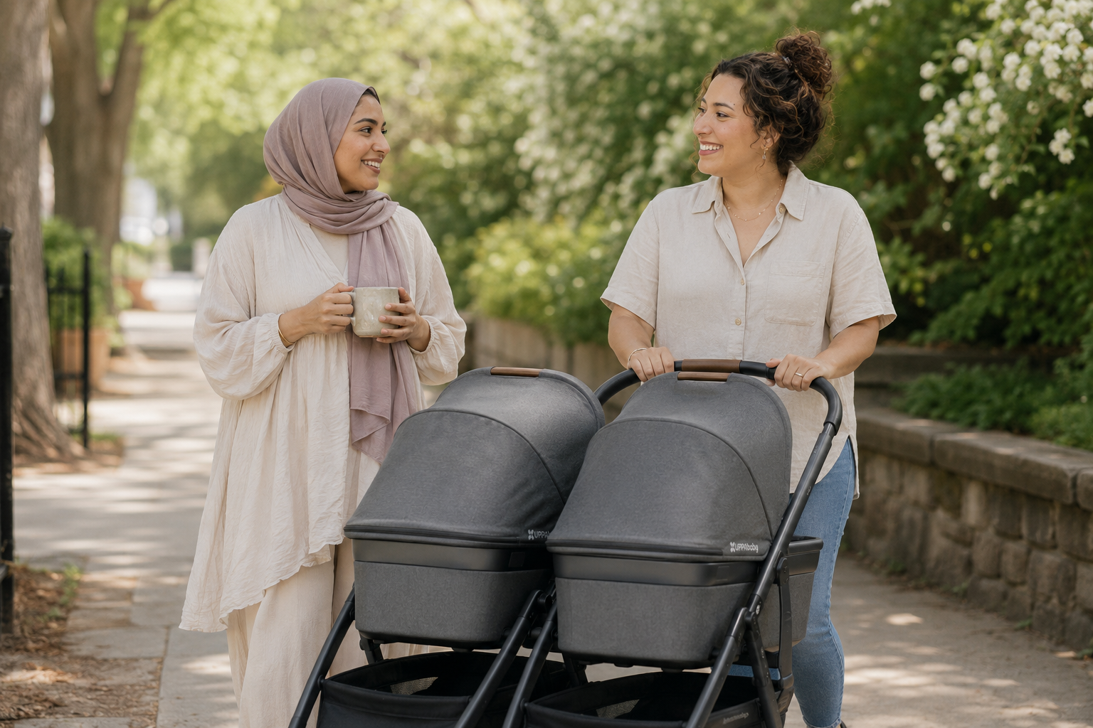 Two women on a walk, one is pushing a double stroller while the other has a hot drink in hand