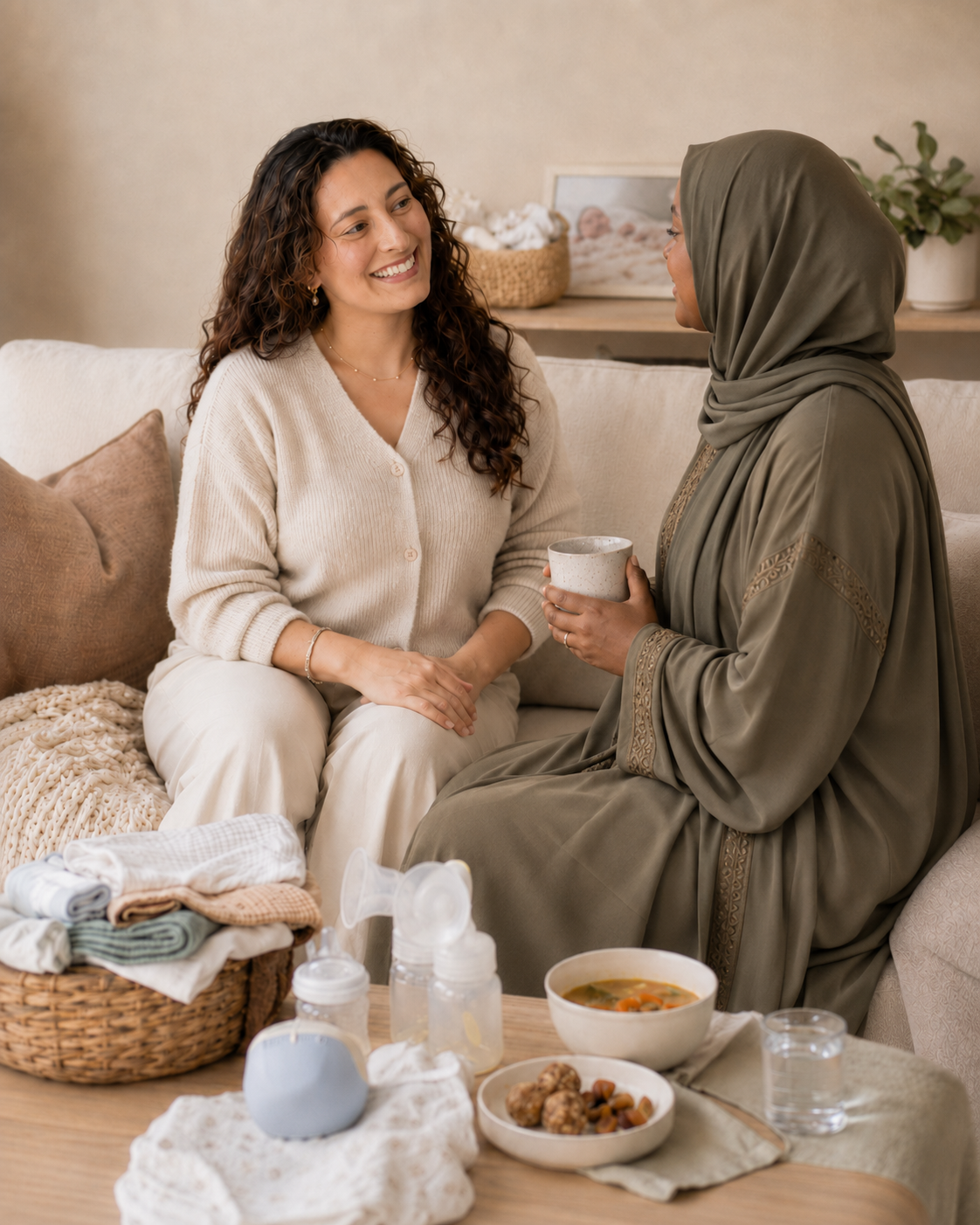 Two women talking on the couch, with freshly folded laundry, food and bottles on the coffee table