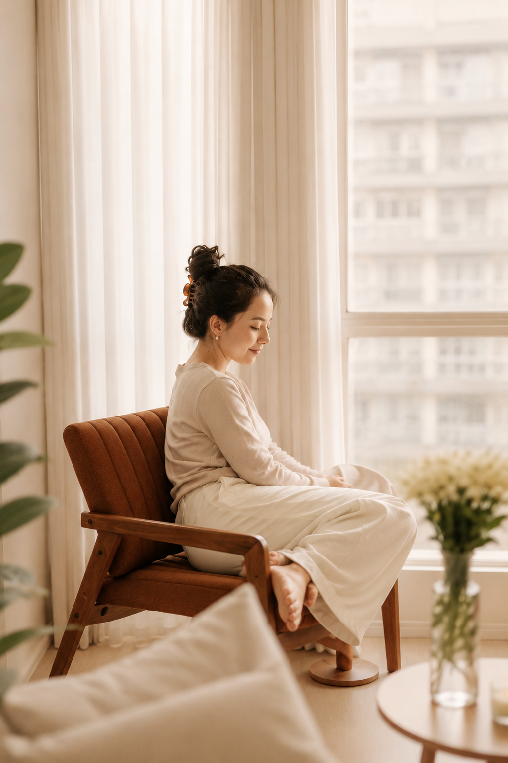 A woman with dark hair in a bun, sitting cross-legged on a brown chair by a large window with sheer curtains, in a room with beige walls and a vase of white flowers on a small table.