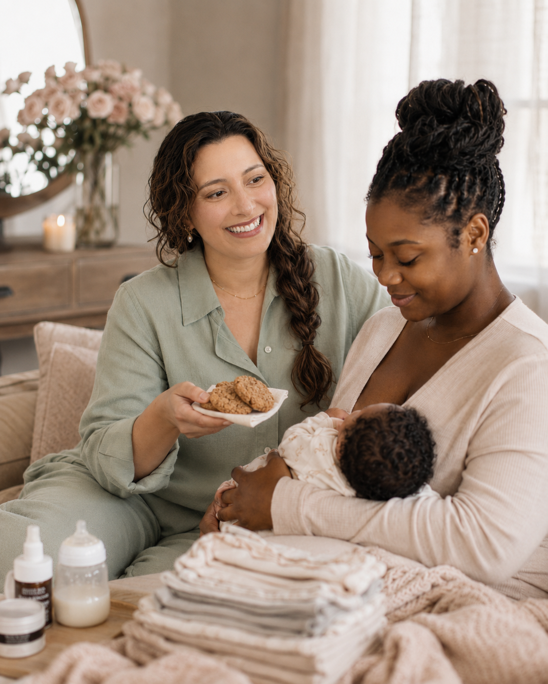A woman with curly hair and a light green shirt offering cookies to another woman with braided hair holding a baby, in a cozy living room with flowers and a candle in the background.