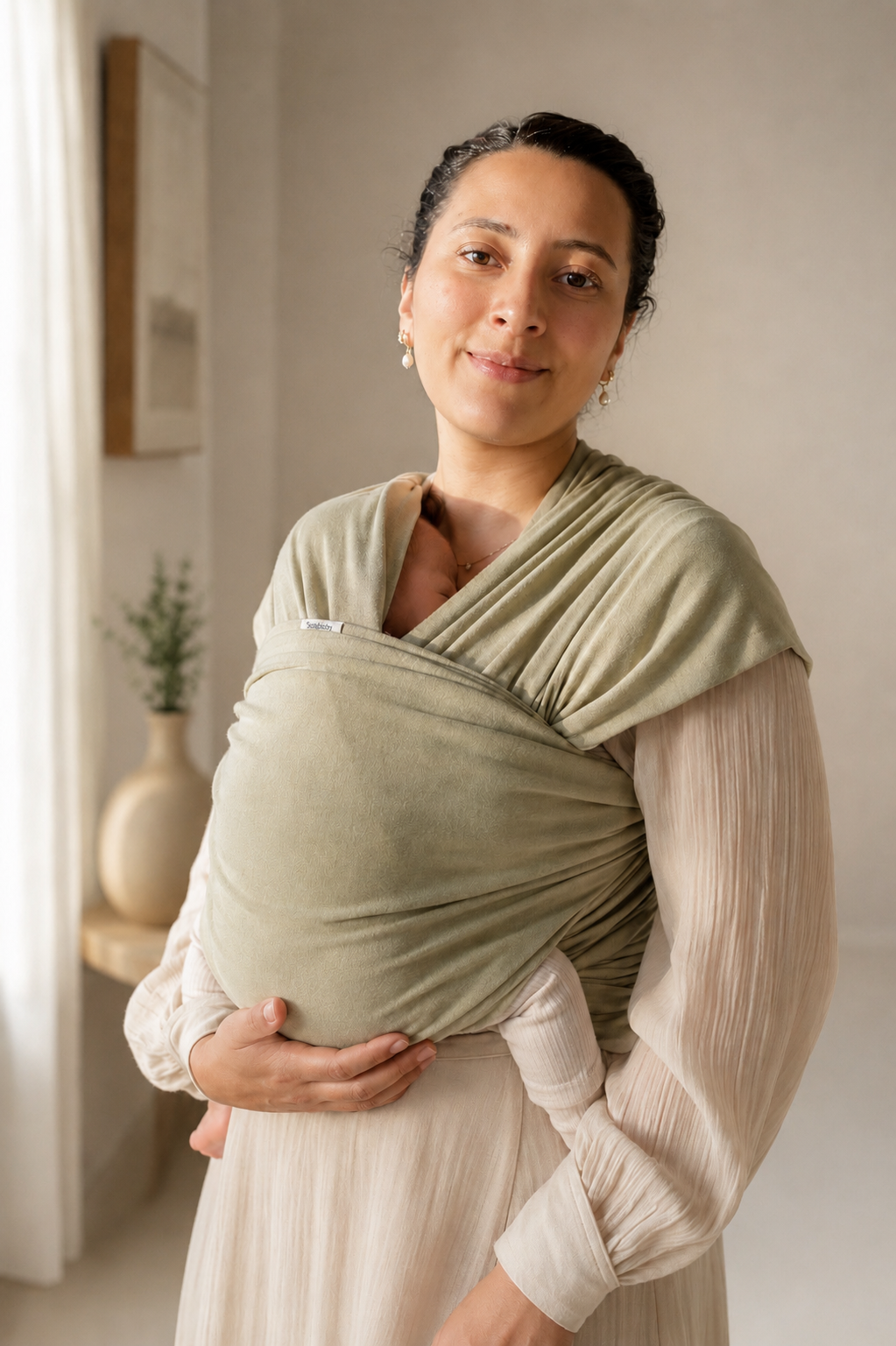 A woman with dark hair tied back, smiling gently, wearing a beige dress and earrings, holding a cloth baby carrier with a baby inside, standing in a room with neutral-colored walls and a potted plant in the background.